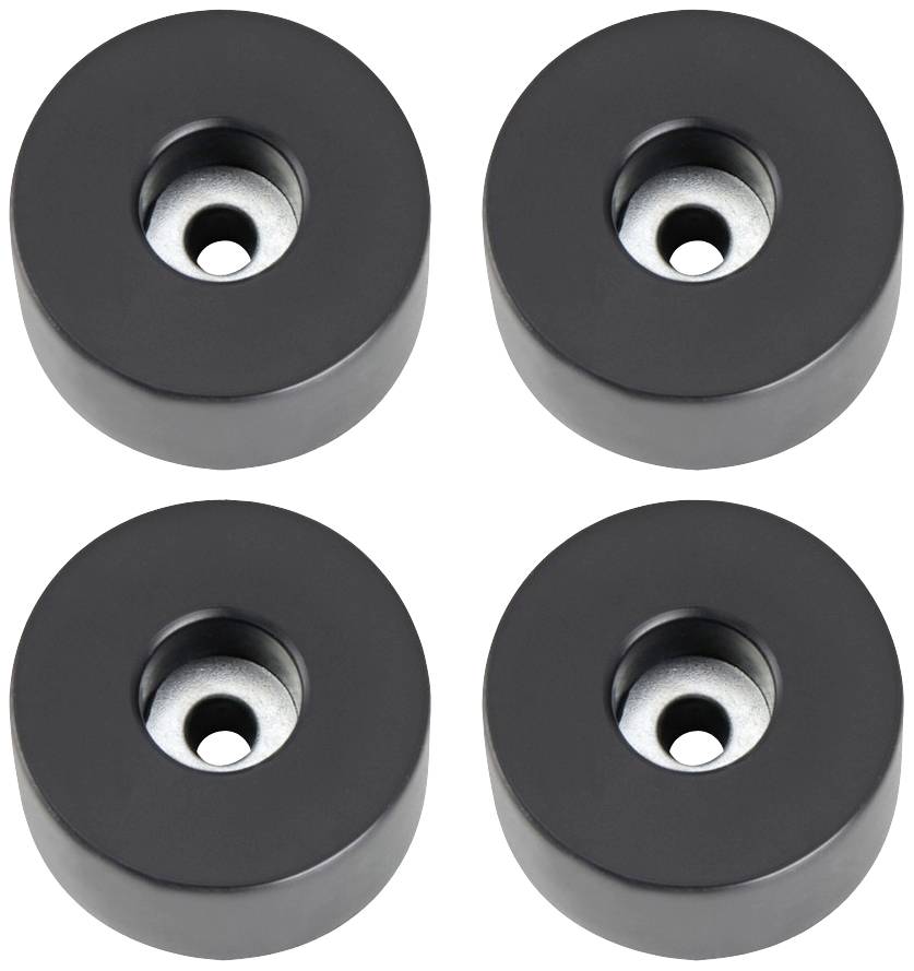 Quatre pieds en caoutchouc noir ronds avec un noyau métallique. Ils sont disposés de manière uniforme et conviennent à l'amortissement des chocs ou à la protection.
