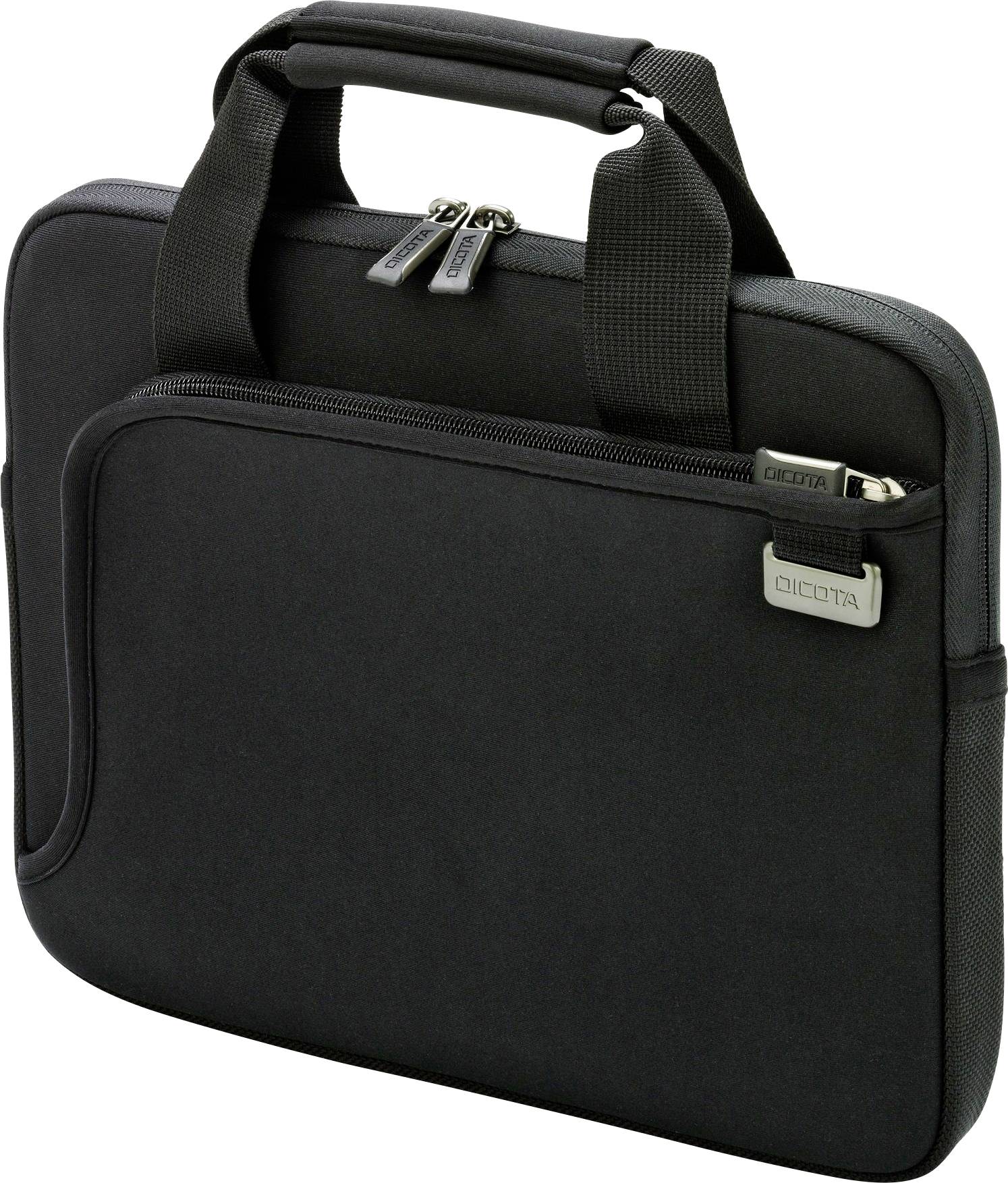 Sacoche pour ordinateur portable noire avec fermeture éclair et poignée de transport. Elle dispose d'une poche extérieure supplémentaire avec fermeture éclair pour les accessoires.