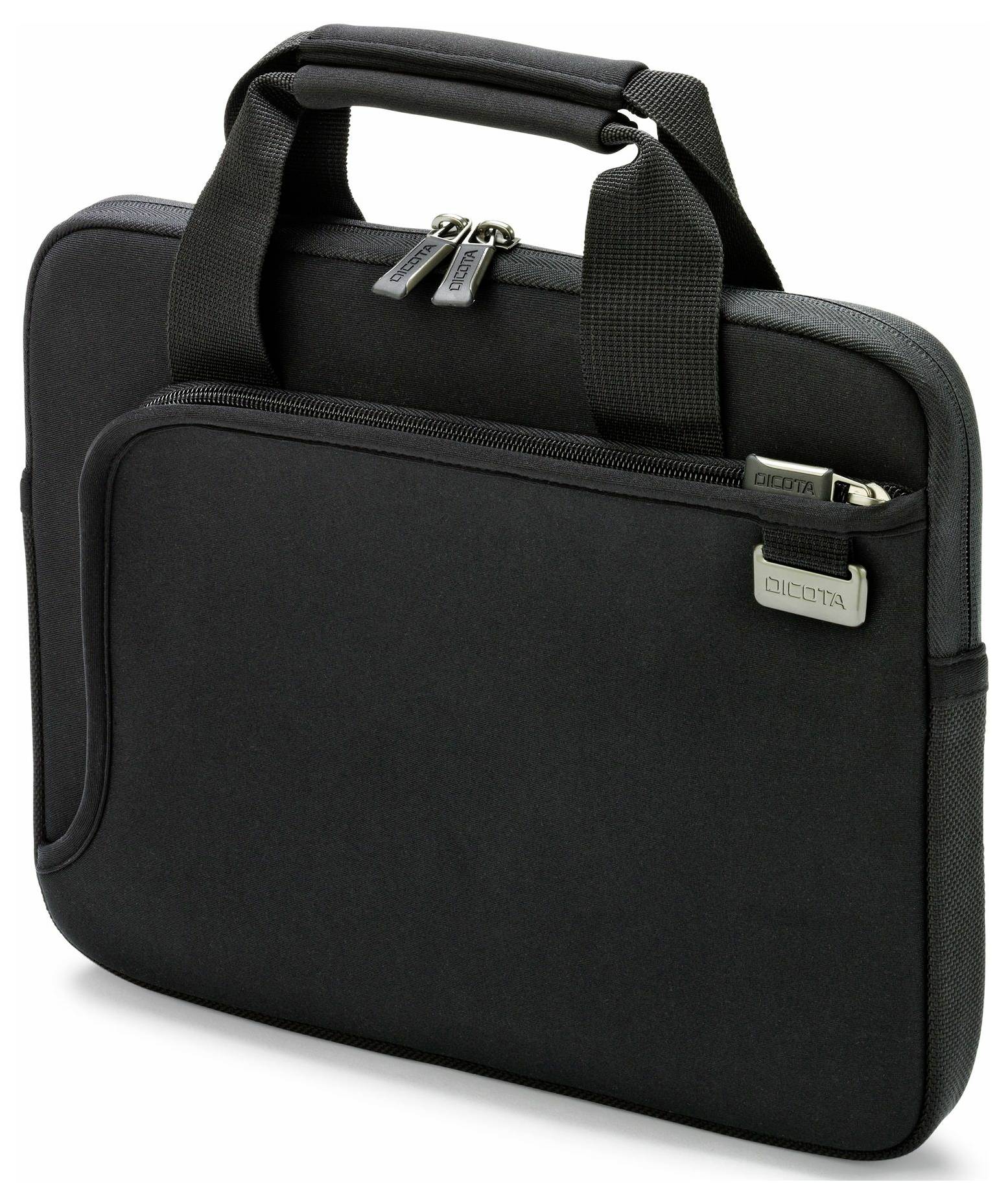 Sacoche noire pour ordinateur portable avec deux poignées et fermeture à glissière, adaptée au transport sécurisé des ordinateurs portables ou des tablettes.