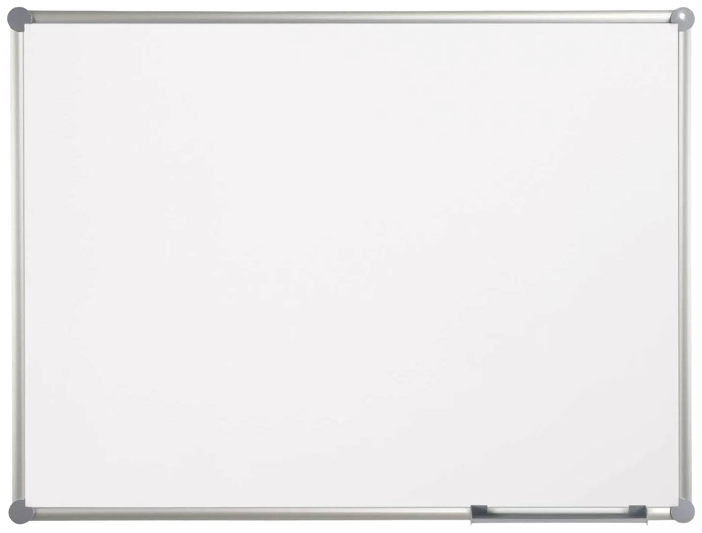 Un tableau blanc vierge avec un stylo posé sur une étagère en bas. Idéal pour des notes ou des présentations dans une salle de classe ou un bureau.