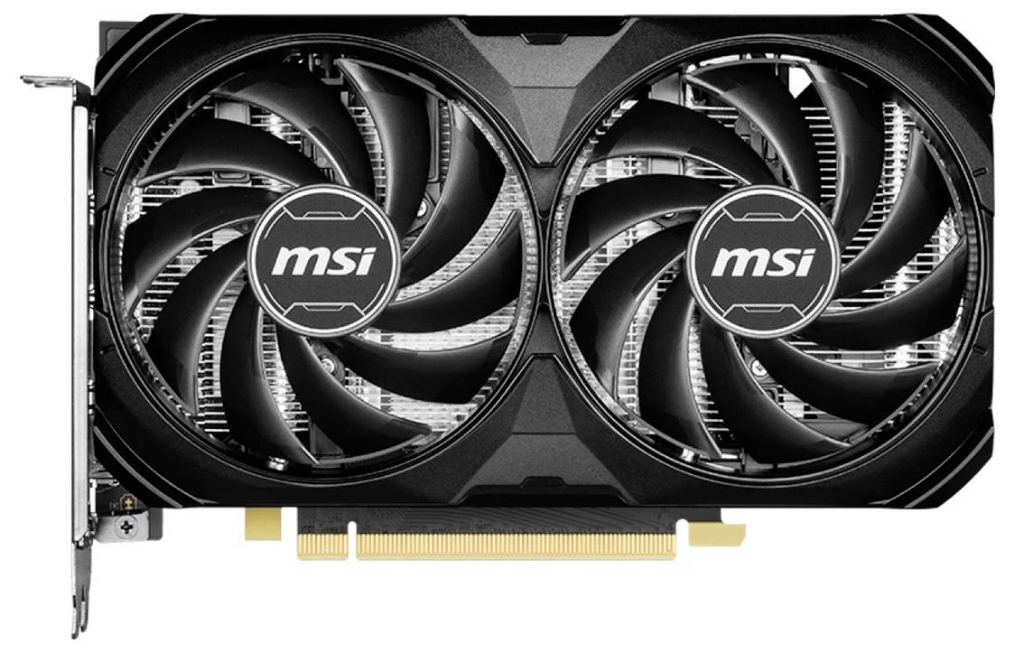 Carte graphique MSI à deux ventilateurs avec connexion PCIe, adaptée aux ordinateurs de gaming, design noir et argent.