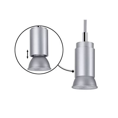 Luminaire de plafond argenté à hauteur réglable avec tête ronde. Un agrandissement montre le mécanisme permettant d'ajuster la hauteur.