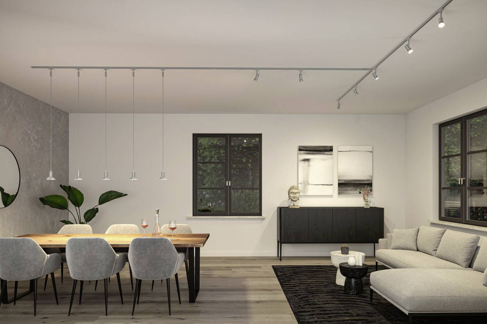 Un salon moderne avec une table à manger et six chaises grises, un canapé clair, une commode noire et des décorations minimalistes.