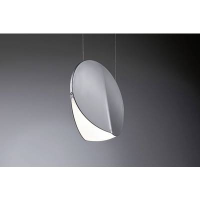 Une suspension moderne, ronde, avec une finition gris métallique et une zone lumineuse en forme de demi-lune, flottant dans un environnement sombre.