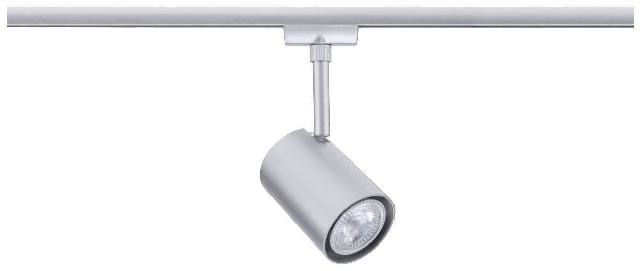 Projecteur argenté fixé sur un rail. Adapté pour un éclairage ciblé dans des espaces intérieurs modernes.