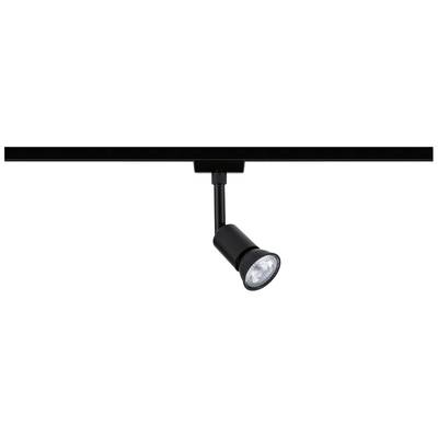 Projecteur LED noir individuel avec tête ronde, fixé sur une rail de plafond noir, projetant un faisceau lumineux clair vers le bas.