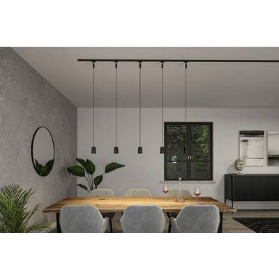Une salle à manger avec une table en bois, quatre chaises grises, des luminaires suspendus modernes et une décoration murale avec des plantes.
