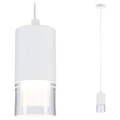 Une lampe suspendue moderne, blanche, avec une partie inférieure transparente et une suspension par câble, diffusant une lumière douce dans un design contemporain.