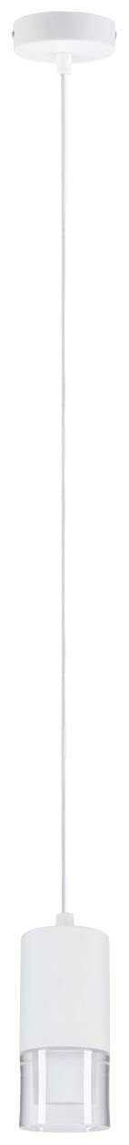 Suspension blanche au abat-jour cylindrique, avec un accent transparent et un câble fin, adaptée aux espaces intérieurs contemporains.