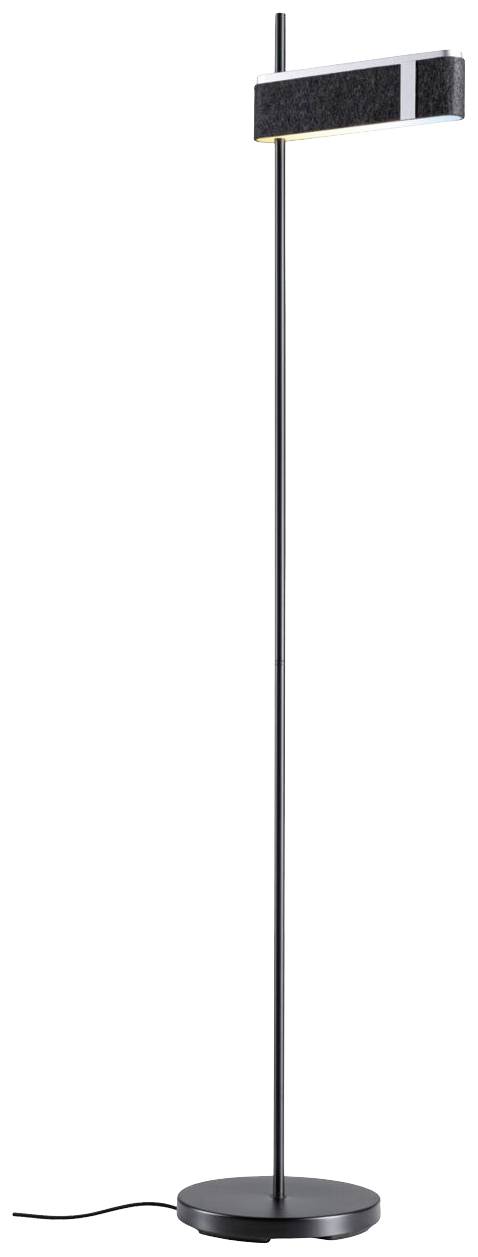 Lampadaire avec socle fin noir et tête d'éclairage rectangulaire et ajustable. Design minimaliste pour un intérieur moderne.
