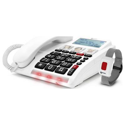 Un téléphone blanc avec de grandes touches, des touches photo et un écran. À côté, un bracelet gris avec un bouton rouge, adapté pour les situations d'urgence.