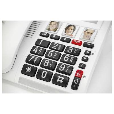 Téléphone avec touches larges, photos pour la numérotation abrégée, et touche SOS rouge d'appel d'urgence.