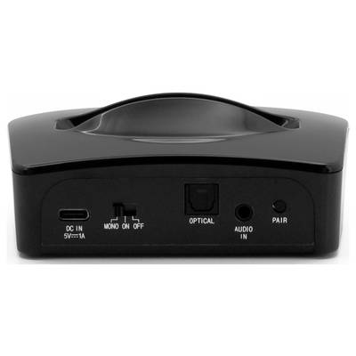 Appareil audio noir, vue arrière avec connexions : Alimentation électrique, commutateur mono, entrée optique, entrée audio, bouton de jumelage.