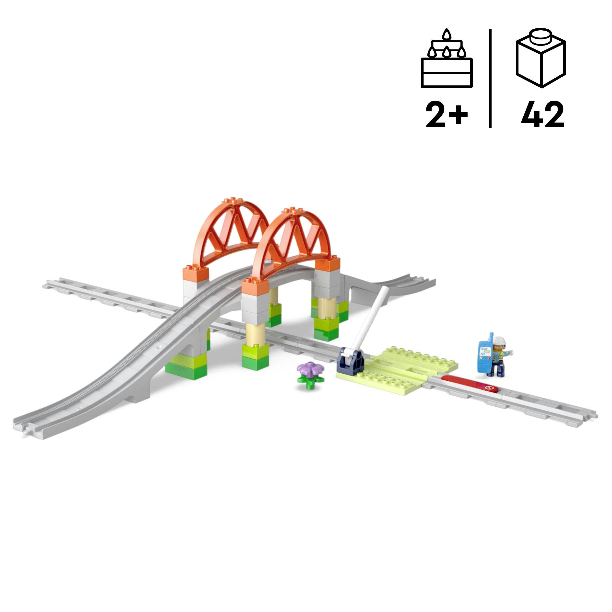 Un ensemble de train jouet avec des rails, un pont, une figurine de girafe et des panneaux. Adapté aux enfants à partir de 2 ans. 42 pièces.