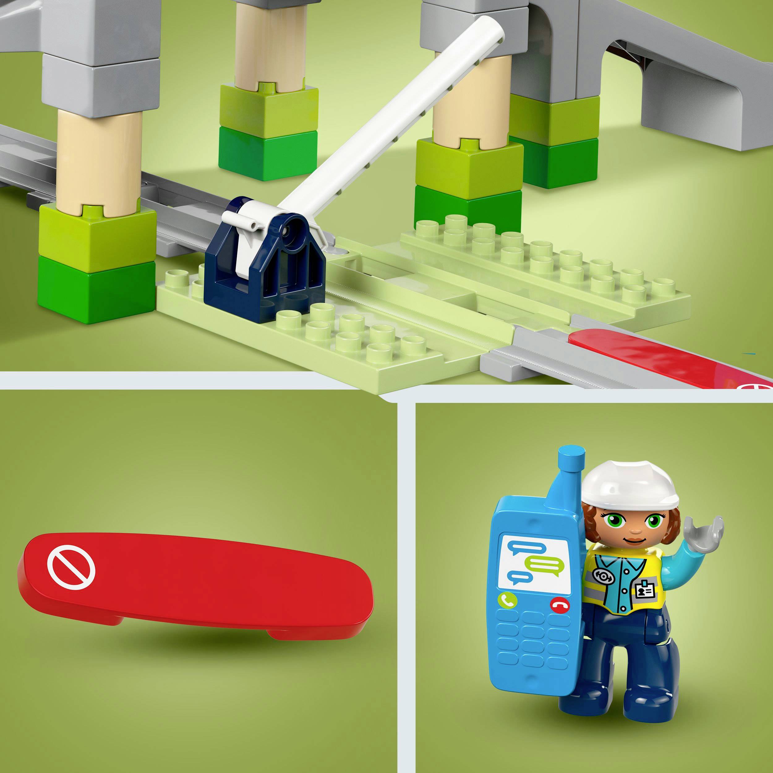 Une figurine en tenue de chantier à côté d'un chantier construit avec des blocs de construction. Un panneau d'interdiction rouge est présent.