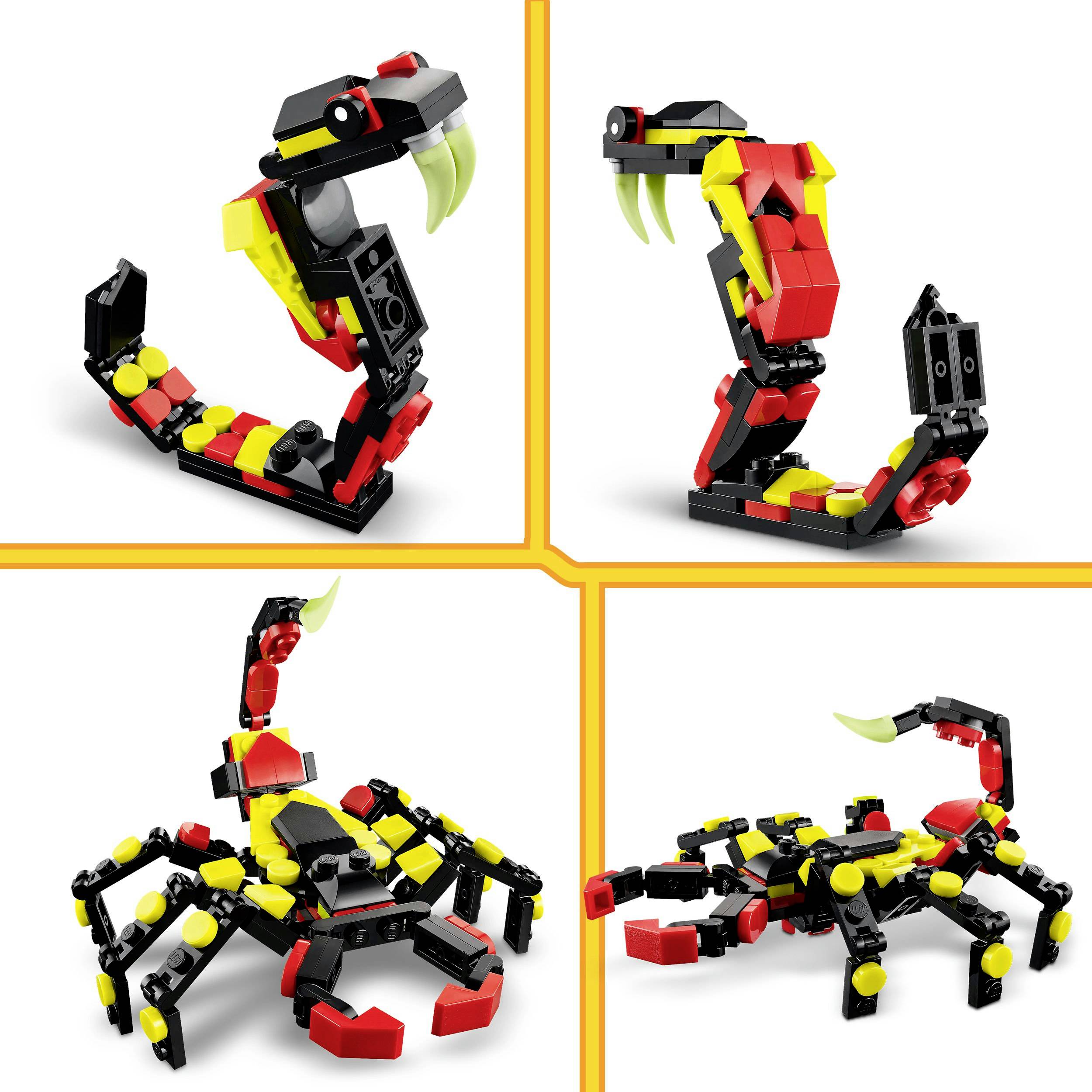 En haut : Deux créations LEGO différentes d'un serpent aux dents jaunes acérées. En bas : Deux scorpions LEGO avec des pinces mobiles.