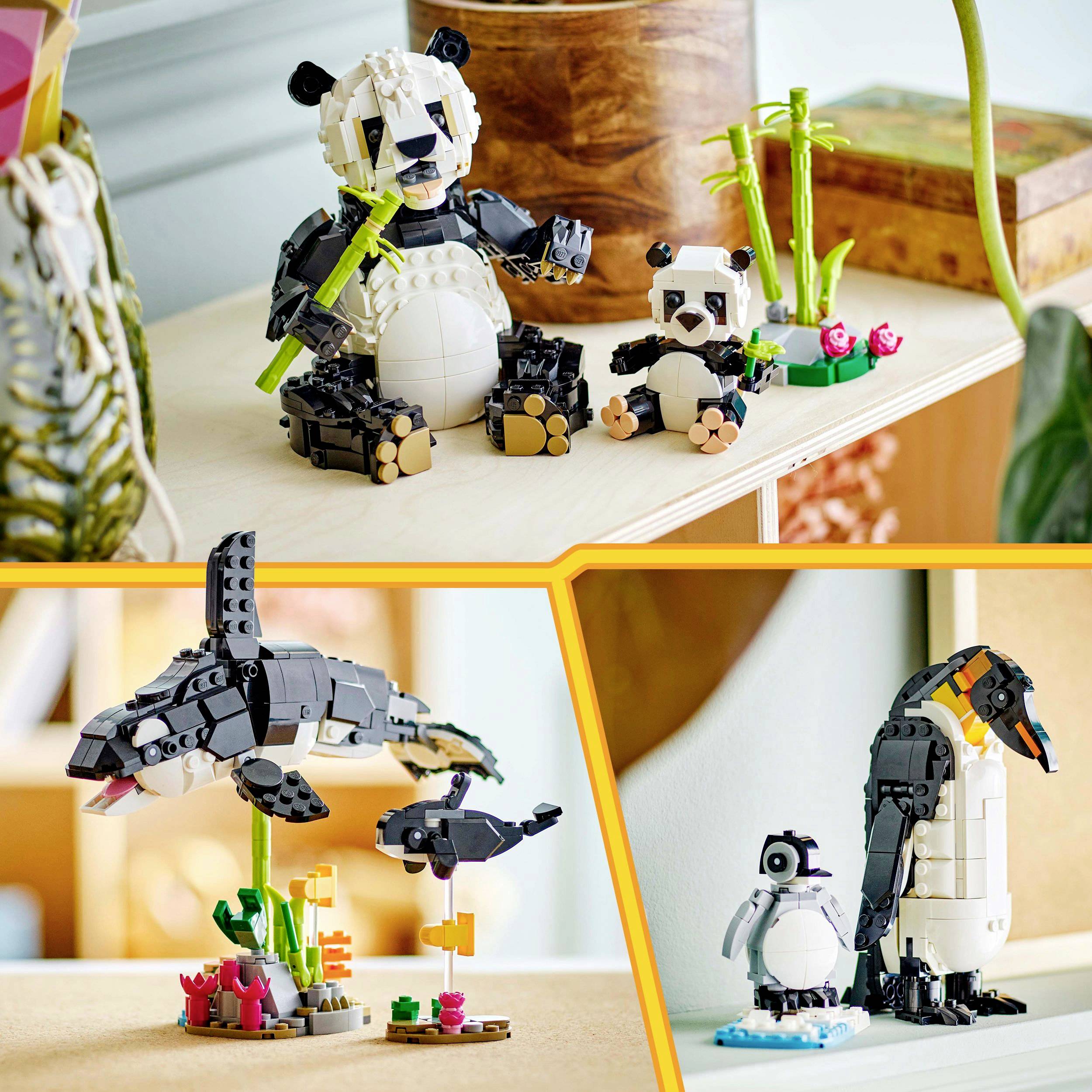 En haut : Deux pandas en LEGO avec du bambou et une fleur. En bas à gauche : Un dauphin LEGO sautant au-dessus des coraux. En bas à droite : Un pingouin et son poussin en LEGO sur un bloc de glace.