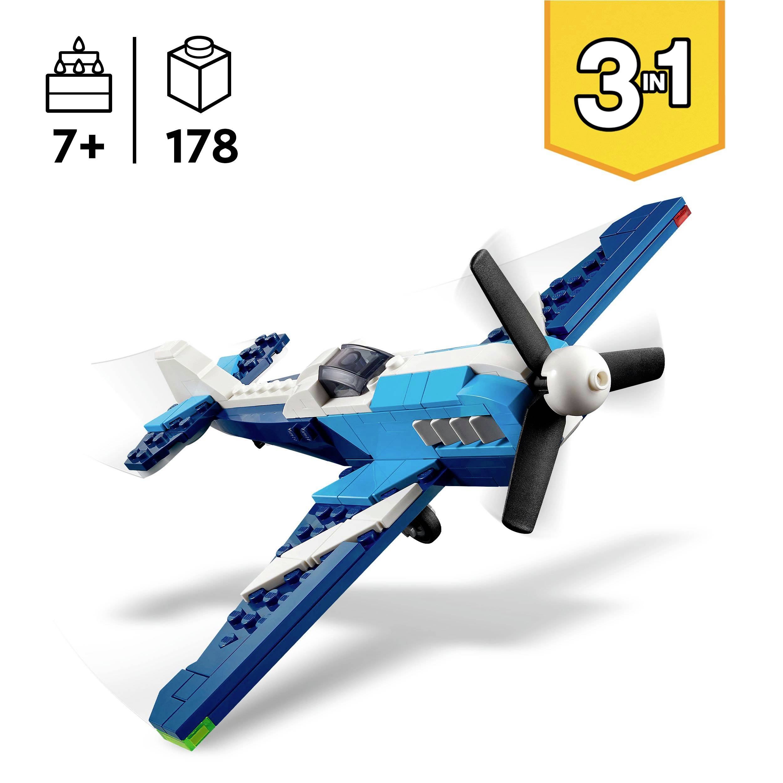 Modèle réduit d'avion bleu et blanc en briques de construction, adapté aux enfants à partir de 7 ans, 178 pièces, kit de construction 3-en-1.