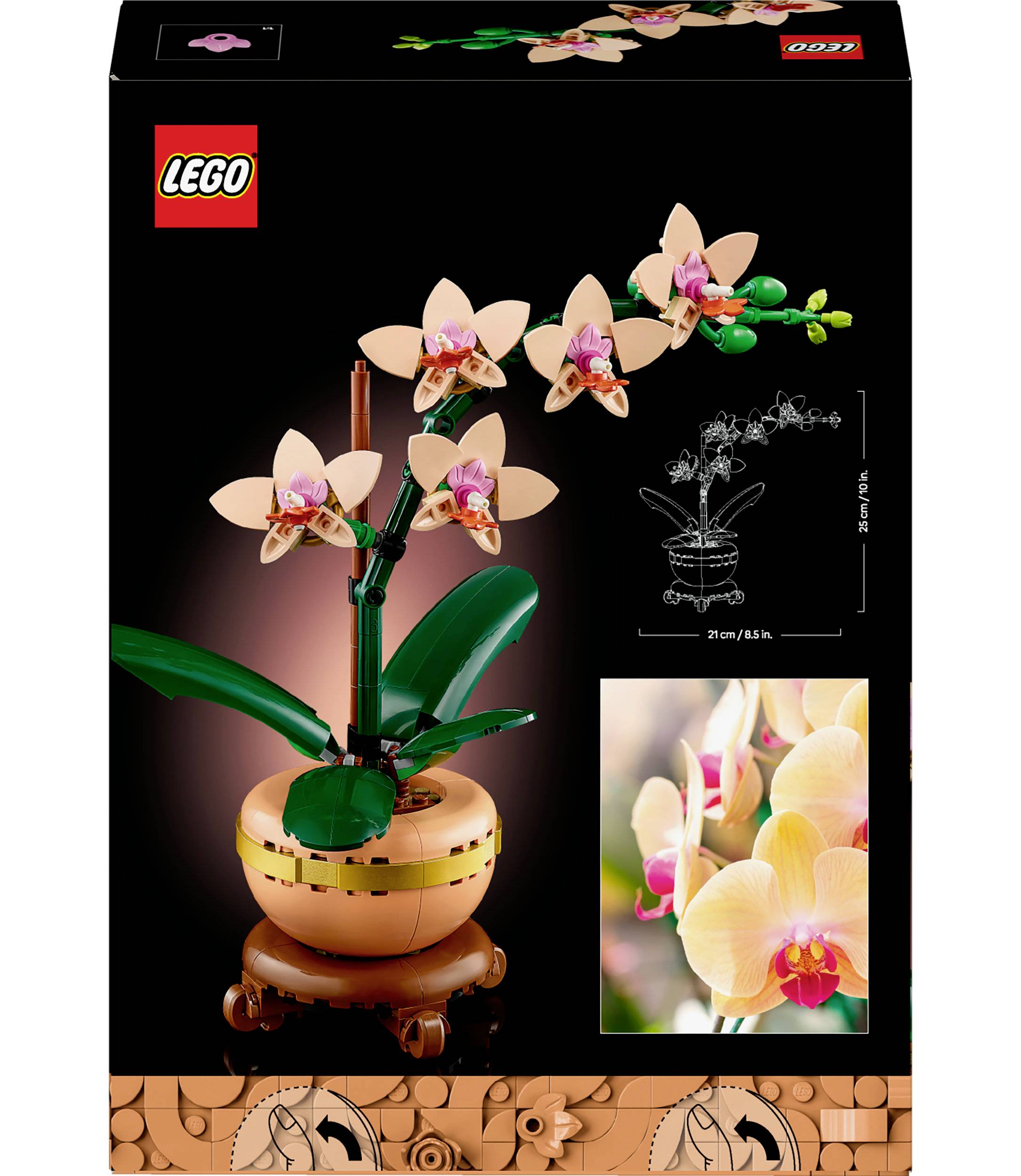 L'emballage LEGO présente un ensemble d'orchidées avec une plante d'orchidée en fleur dans un pot. Contient un manuel de construction et des détails.