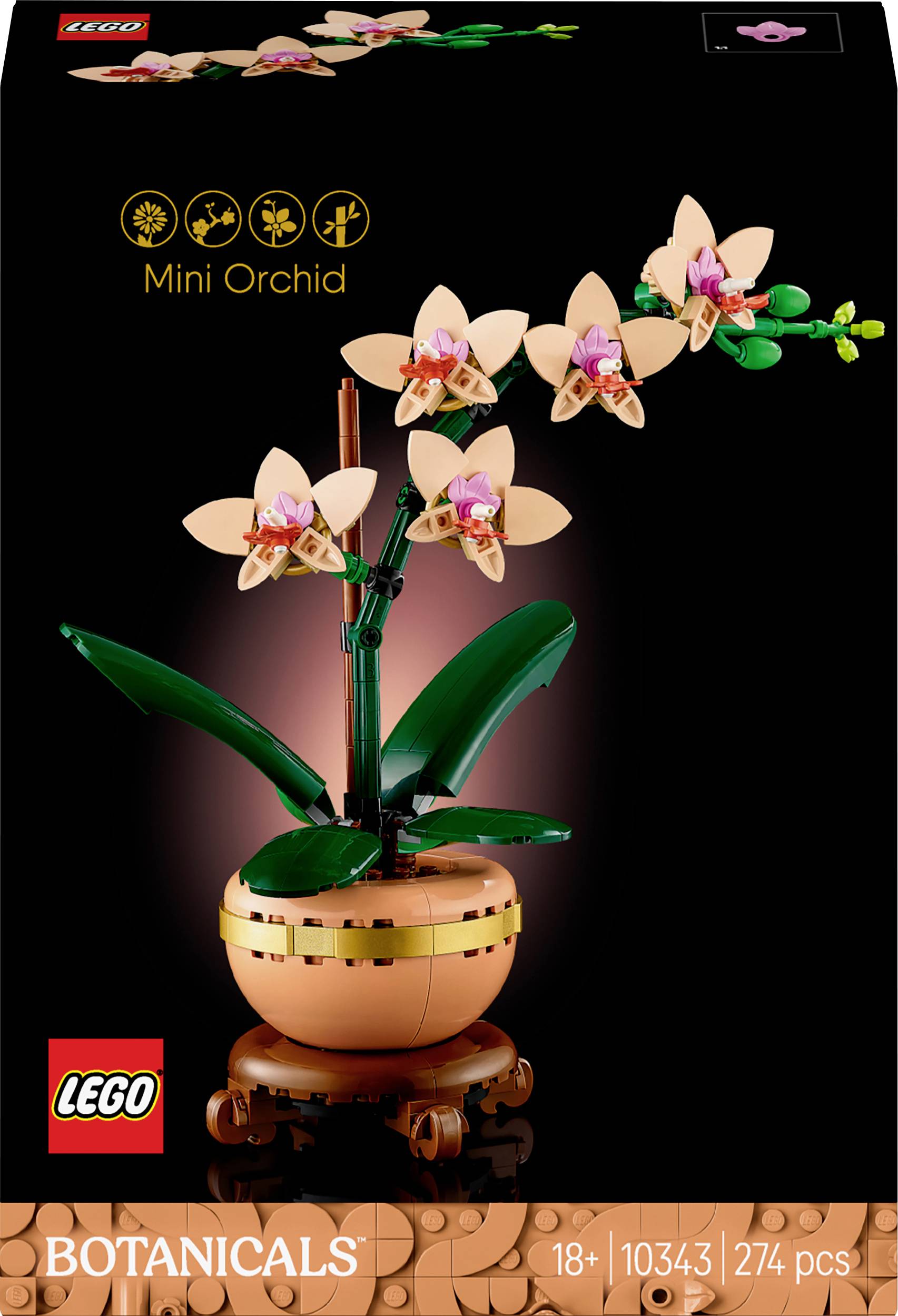 Set de mini-orchidée LEGO Botanicals, 274 pièces, pour adultes de 18 ans et plus, représentant une fleur en pot avec des fleurs roses sur un fond noir.
