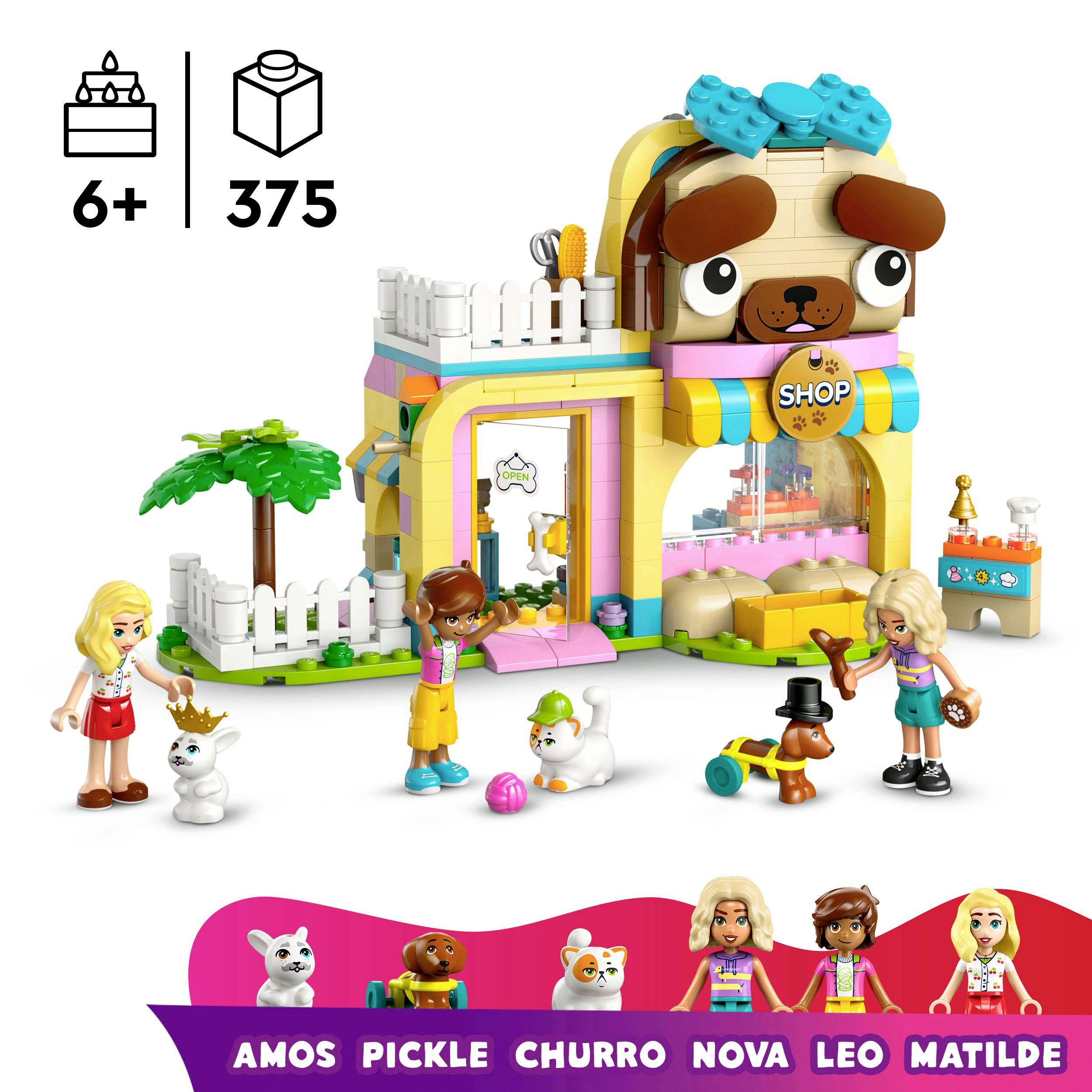 Ensemble de construction pour enfants à partir de 6 ans : Boutique de jouets animaliers sur le thème des chiens, avec figurines, animaux et accessoires.