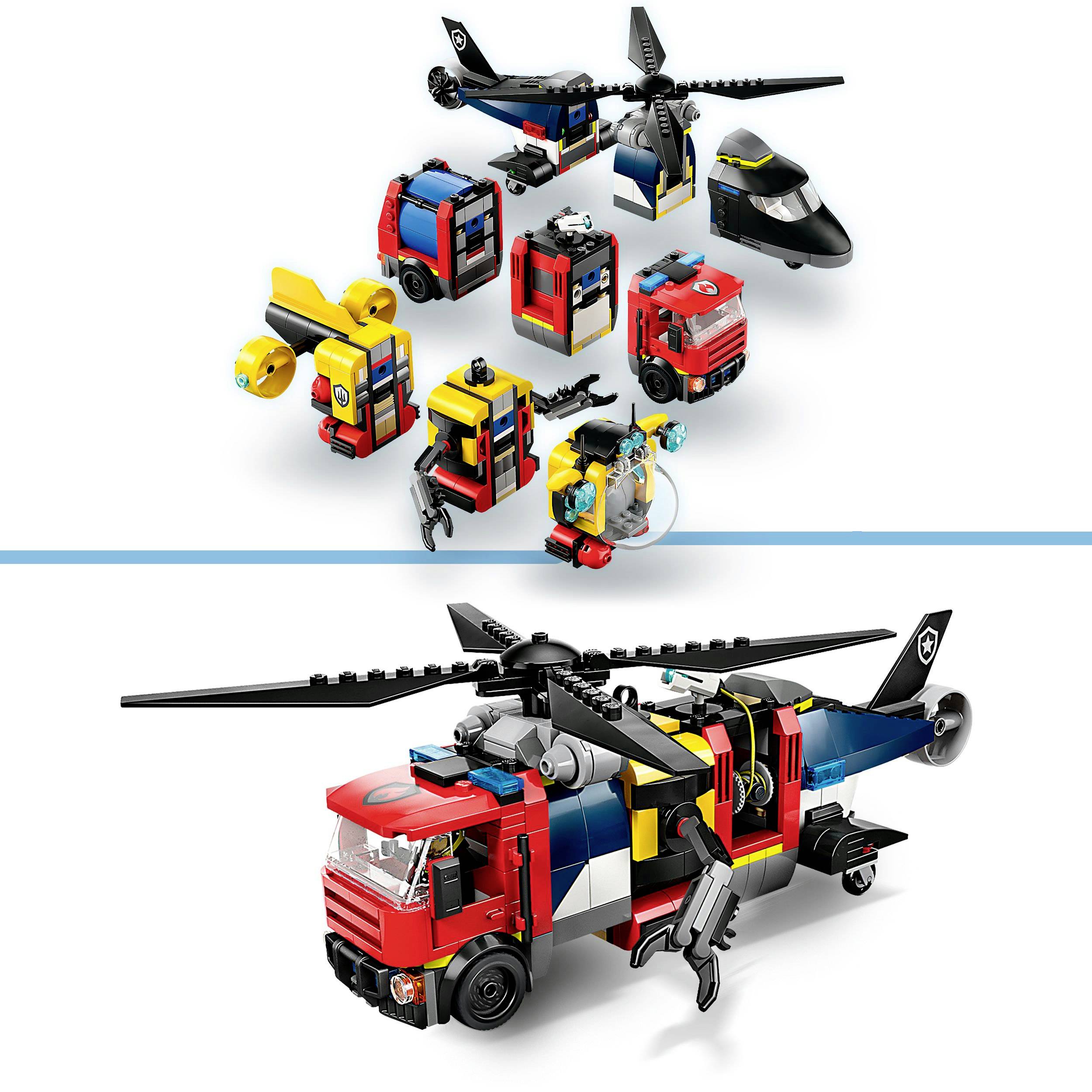 Un ensemble de jouets présente un véhicule multifonctionnel qui peut être transformé en hélicoptère, avion et camion. Différentes pièces sont représentées.