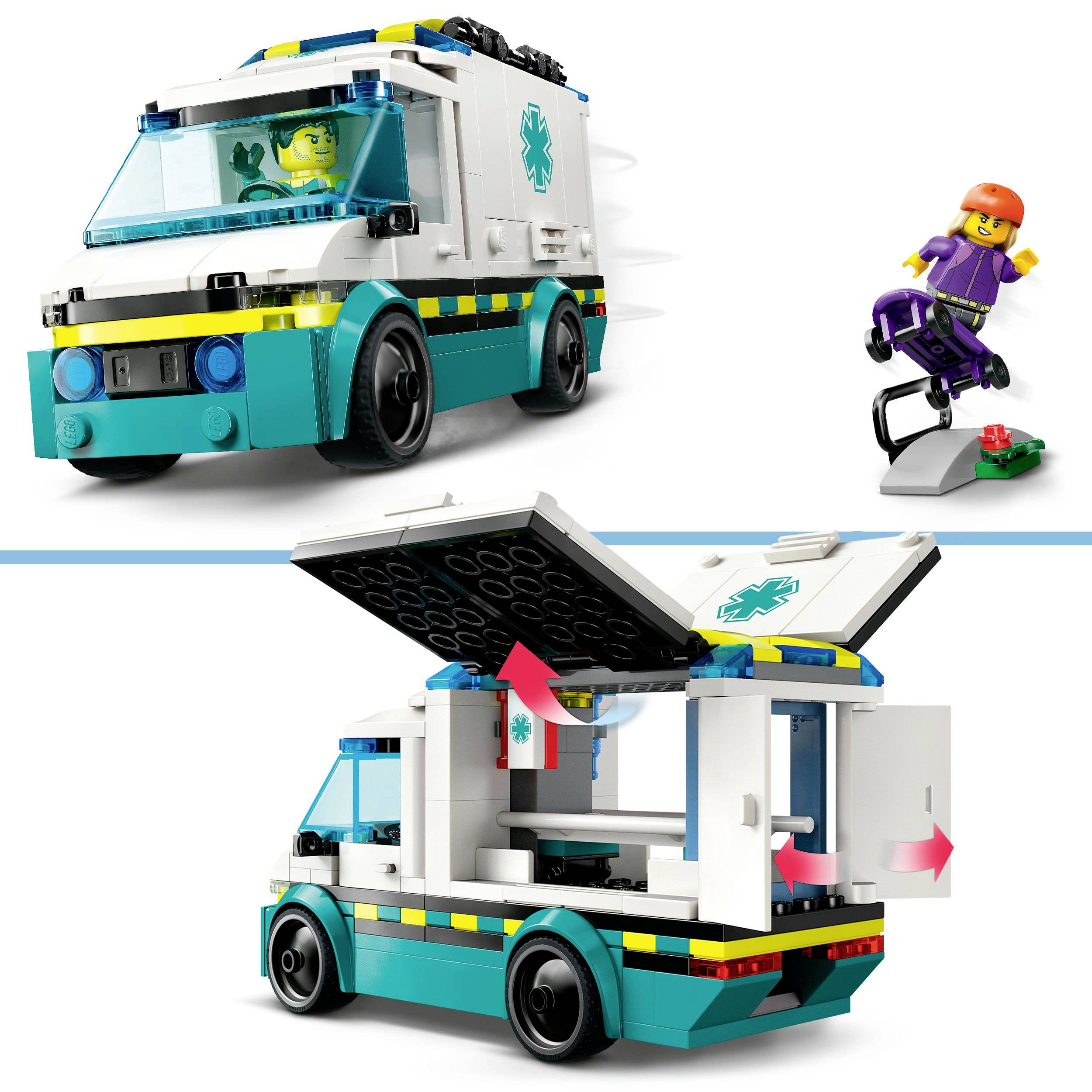 Ensemble LEGO avec ambulance et skateur. L'ambulance a un arrière qui s'ouvre. Une femme est à côté sur une planche à roulettes.