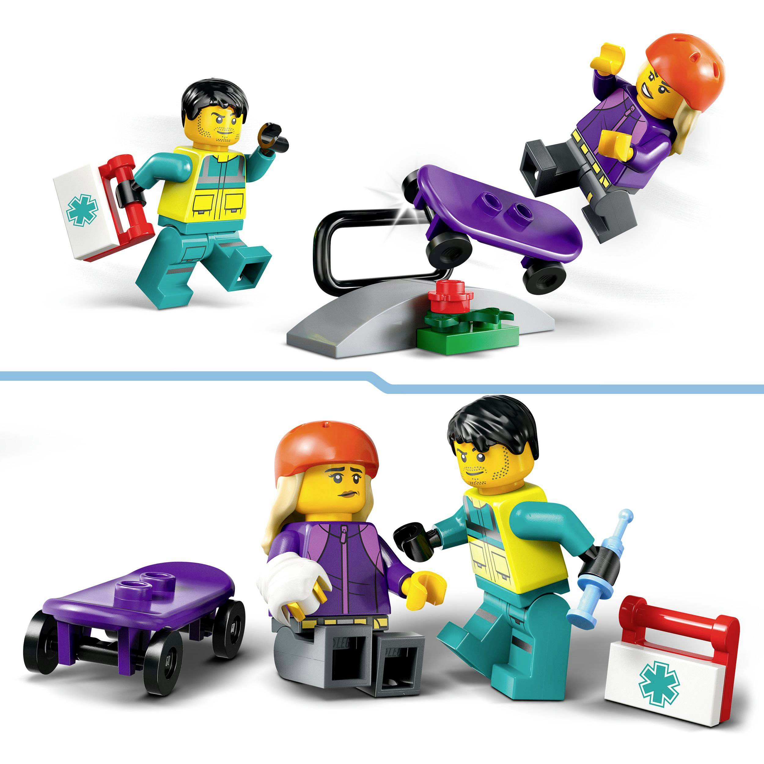 Un enfant portant un casque chute de sa planche de skateboard ; une figurine avec du matériel de premiers secours vient à son aide. En bas, la figurine soigne l'enfant.