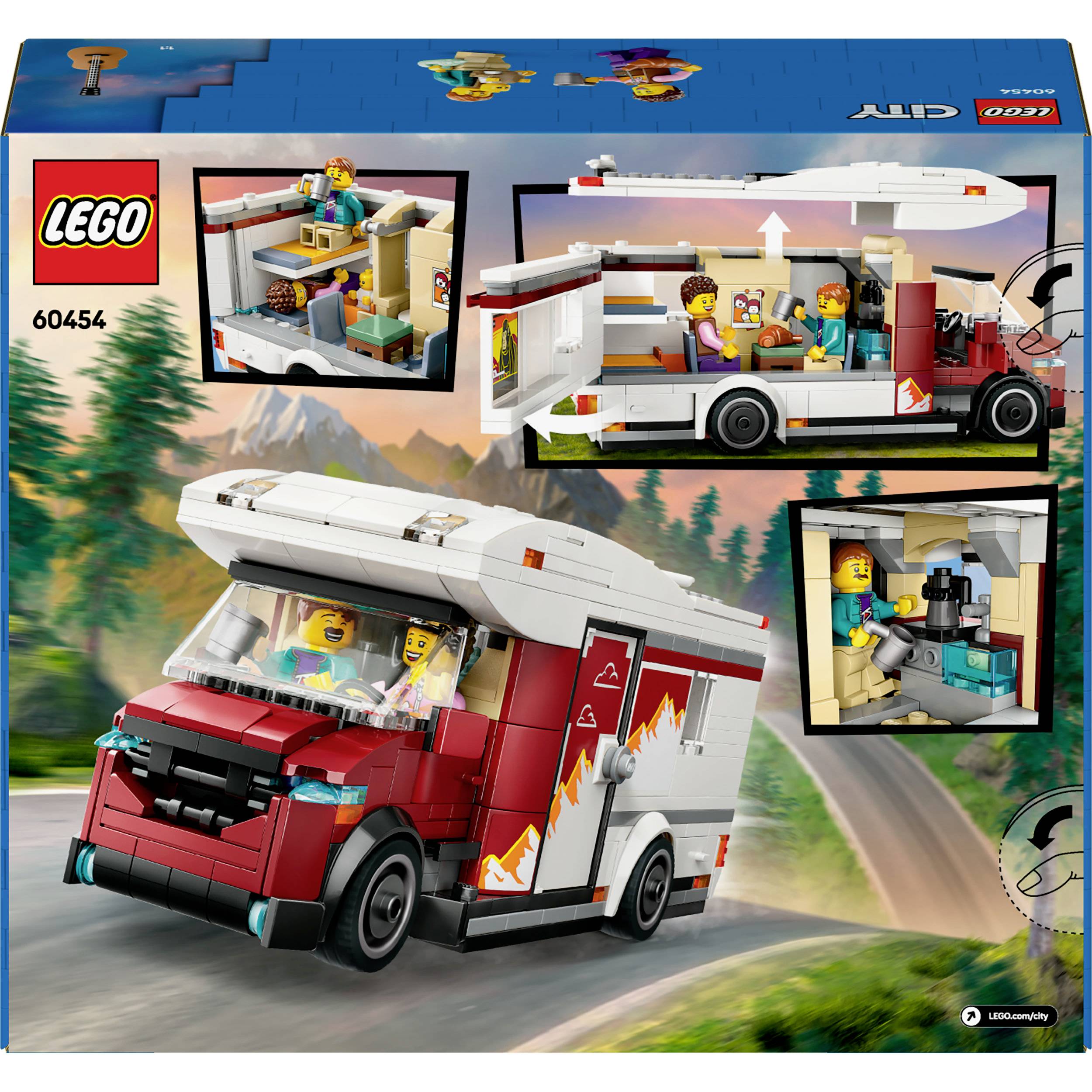 L'image montre un emballage de jouet LEGO comprenant un ensemble de camping-car. Sur la boîte, on peut voir le modèle assemblé et des figurines.