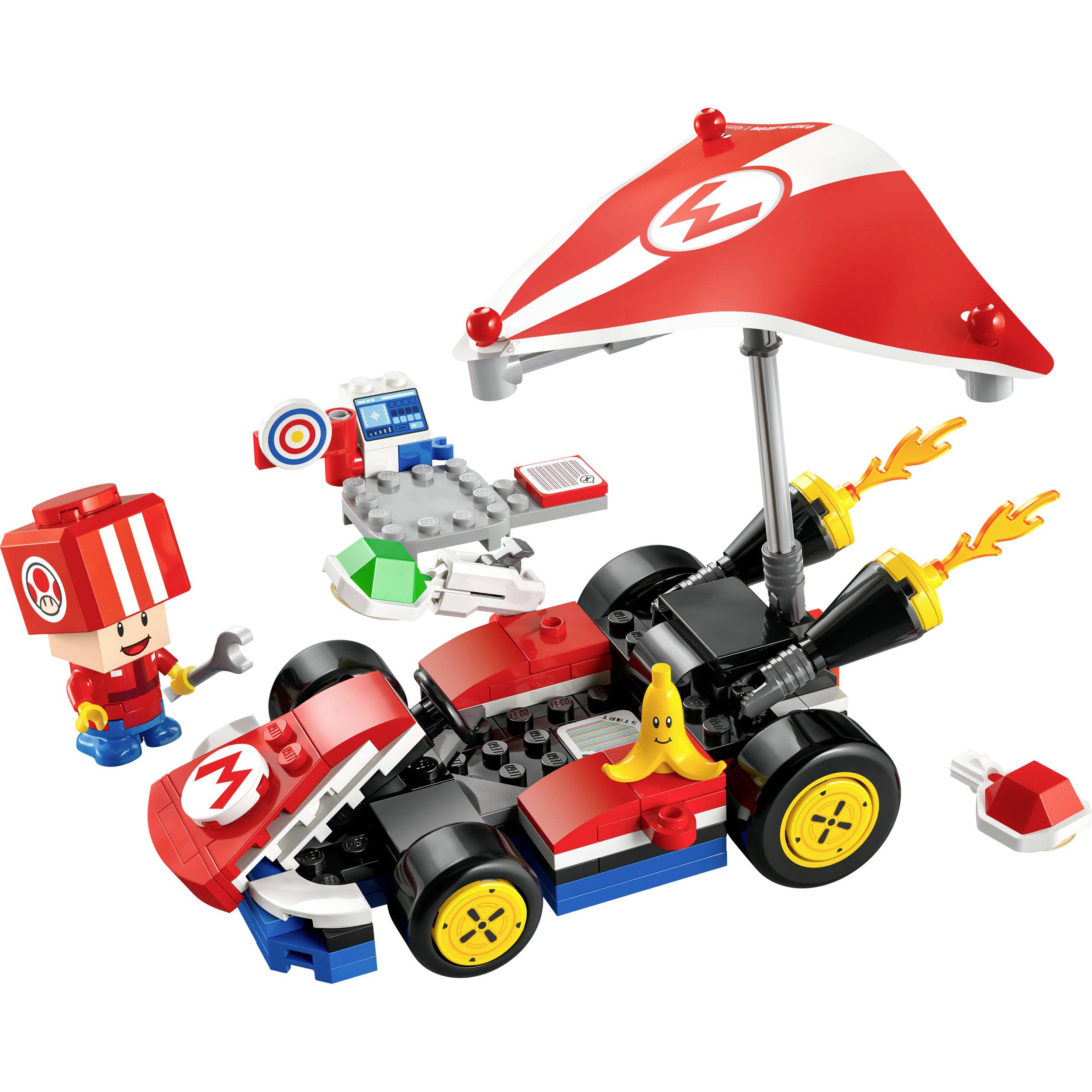 Un kit de construction comprenant une voiture de course et des éléments d'accessoires comme un parachute et une figurine avec un casque. Contient des blocs de construction colorés et des décorations.