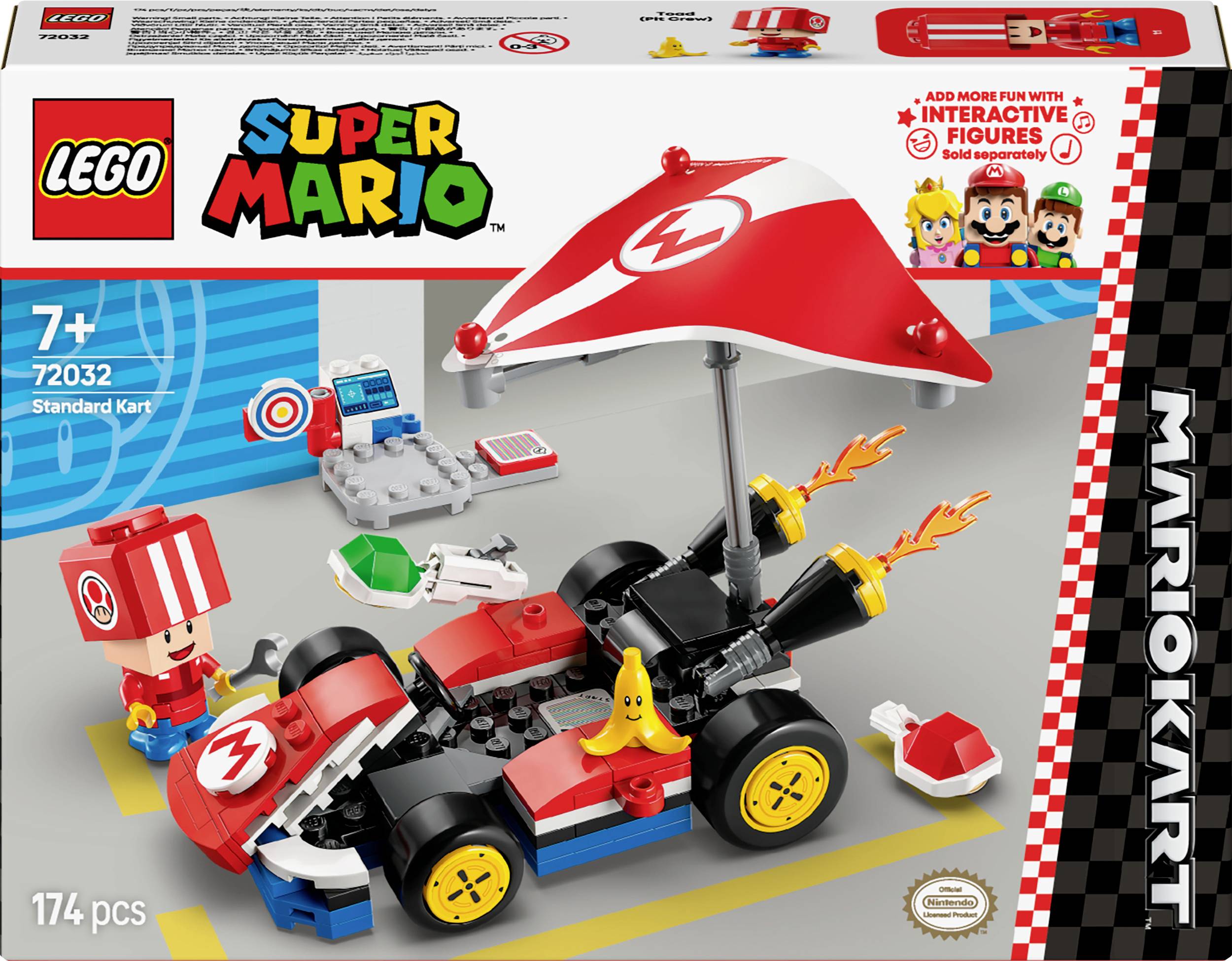'Ensemble LEGO Super Mario : Kart Standard pour enfants à partir de 7 ans. Comprend un kart avec un parasol rouge et une figurine Mario. 174 pièces.'