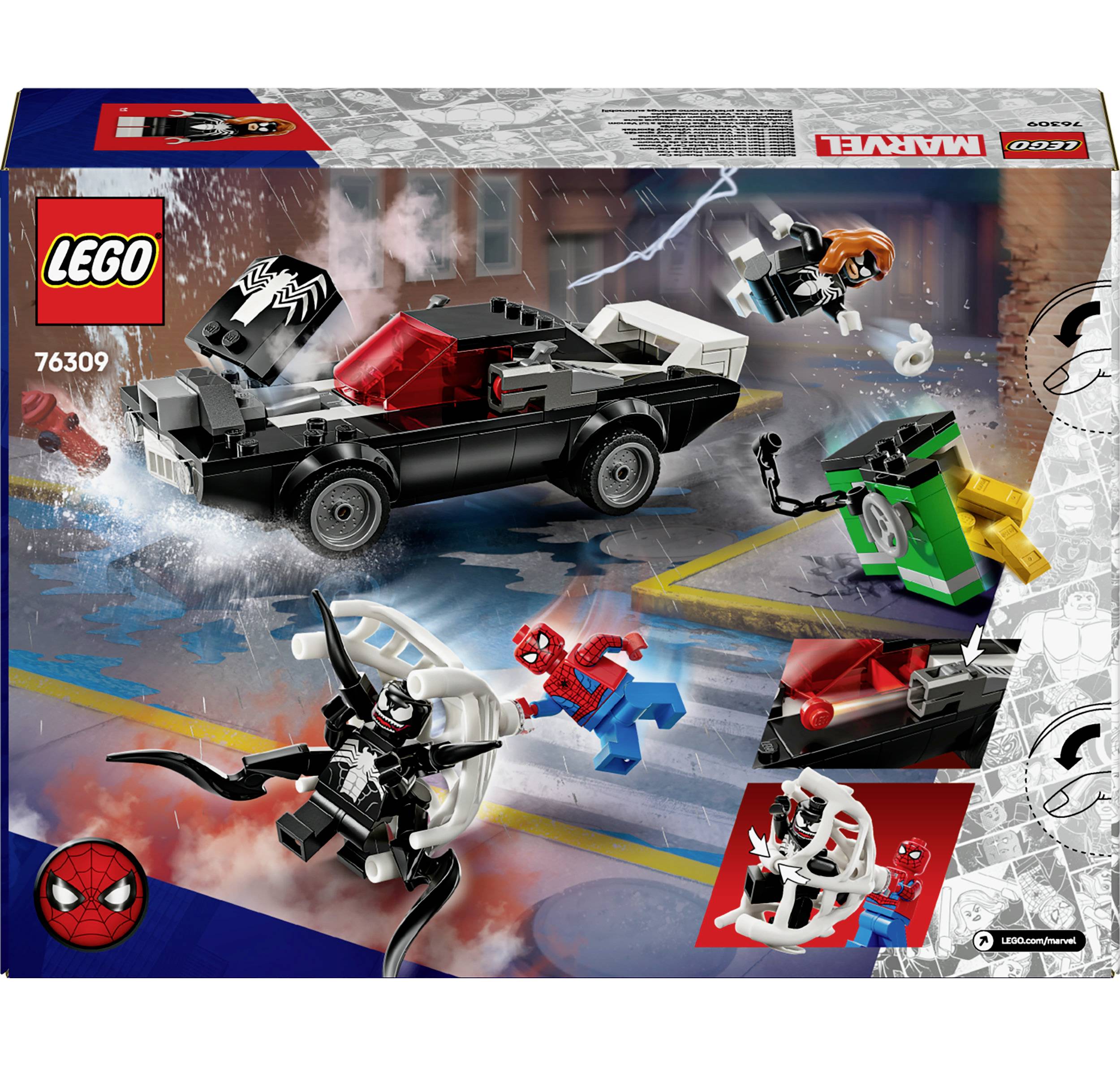 Ensemble LEGO avec Spider-Man, Venom et Ghost Rider, accompagné de sa voiture. Scènes avec figurines et environnement de combat. Comprend des éléments d'action.