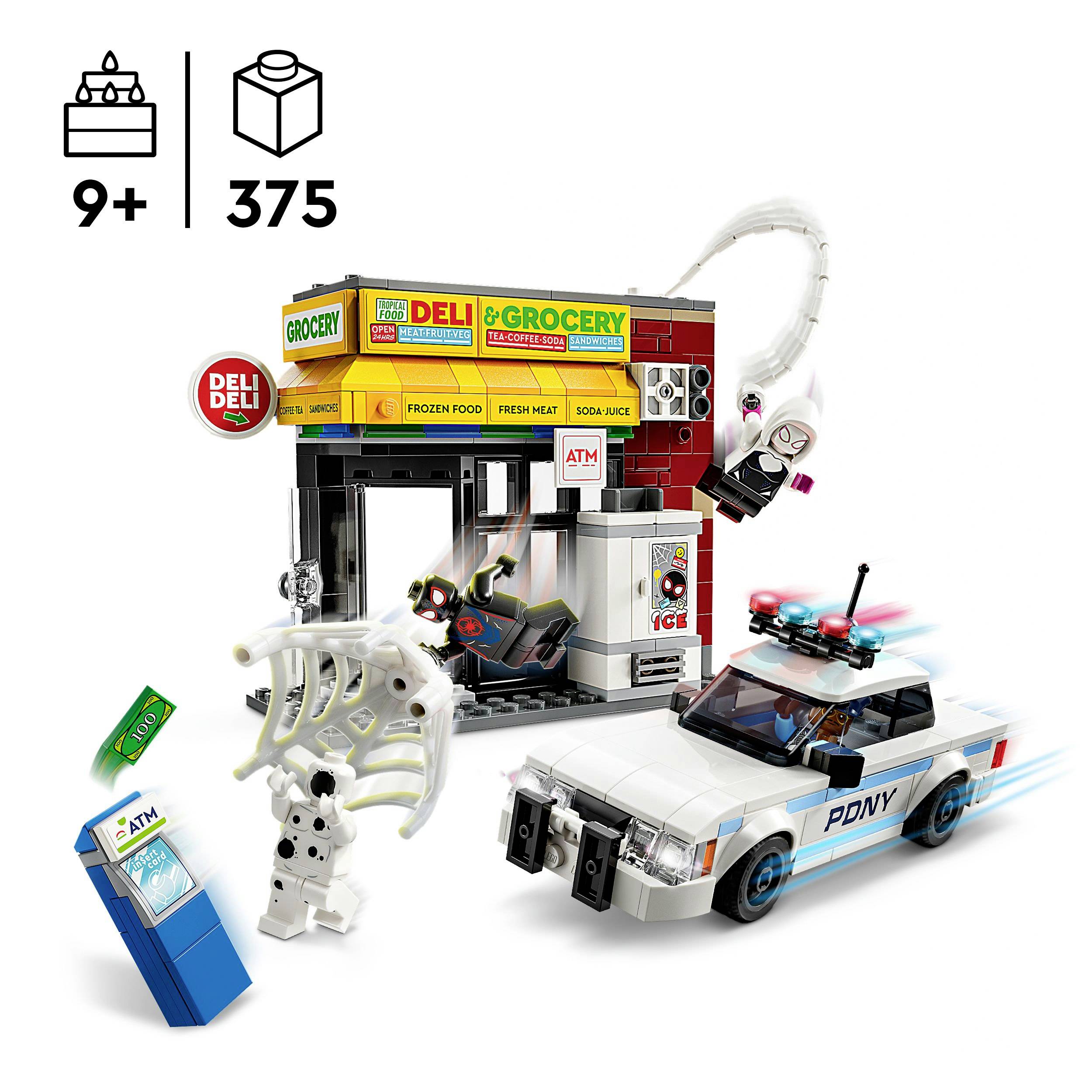 Kit de supermarché avec voiture de police et quatre personnages. Recommandé à partir de 9 ans, avec 375 pièces. Les personnages s'affrontent.