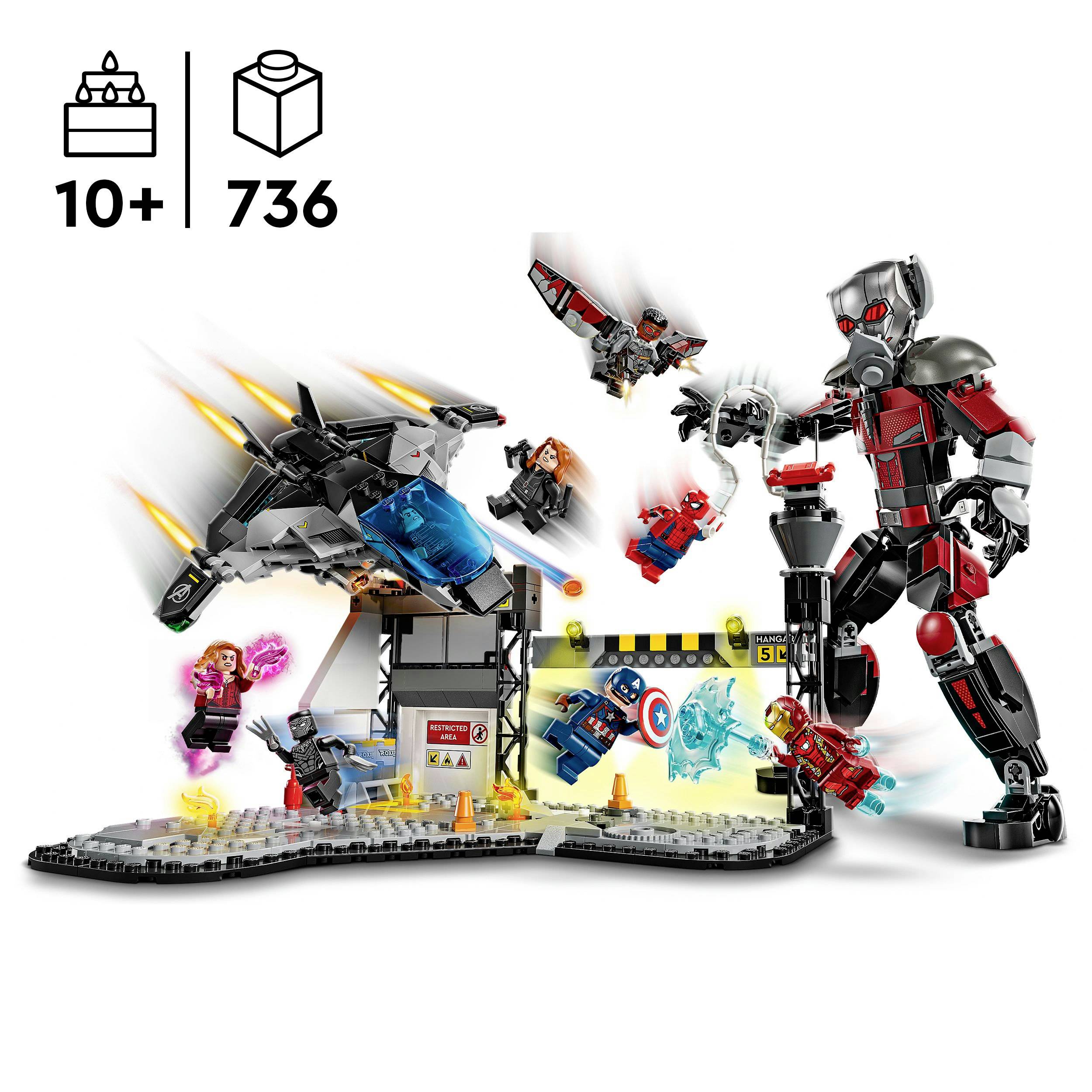 Set LEGO pour enfants à partir de 10 ans avec 736 pièces. Comprend des figurines et une scène de jeu avec un robot, un vaisseau spatial et des superhéros.