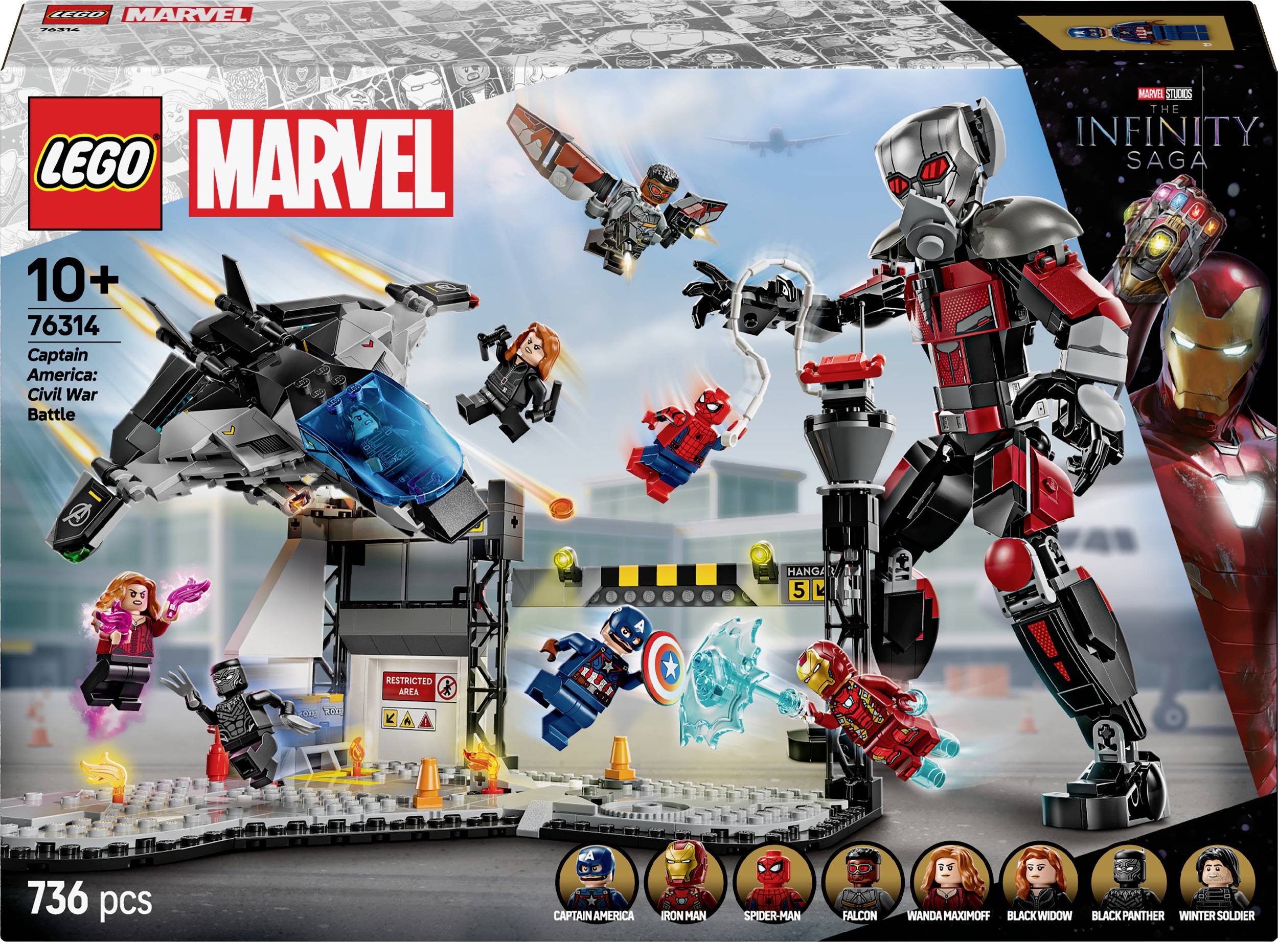 Ensemble LEGO Marvel 'Bataille Captain America: Civil War', à partir de 10 ans. Comprend les figurines : Captain America, Iron Man, Spider-Man et plus. 736 pièces.