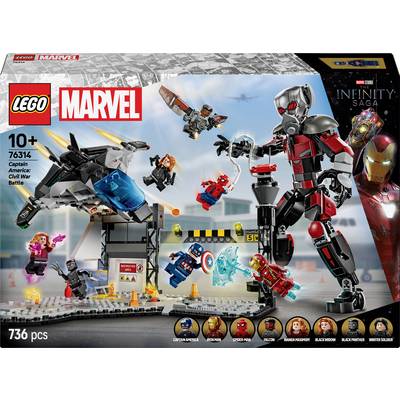 Ensemble LEGO Marvel 'Bataille Captain America: Civil War', à partir de 10 ans. Comprend les figurines : Captain America, Iron Man, Spider-Man et plus. 736 pièces.
