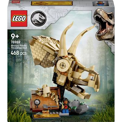 Ensemble LEGO pour enfants de 9 ans et plus, représentant un crâne de dinosaure (Tricératops) composé de 468 pièces. Comprend une figurine LEGO et des décorations thématiques.