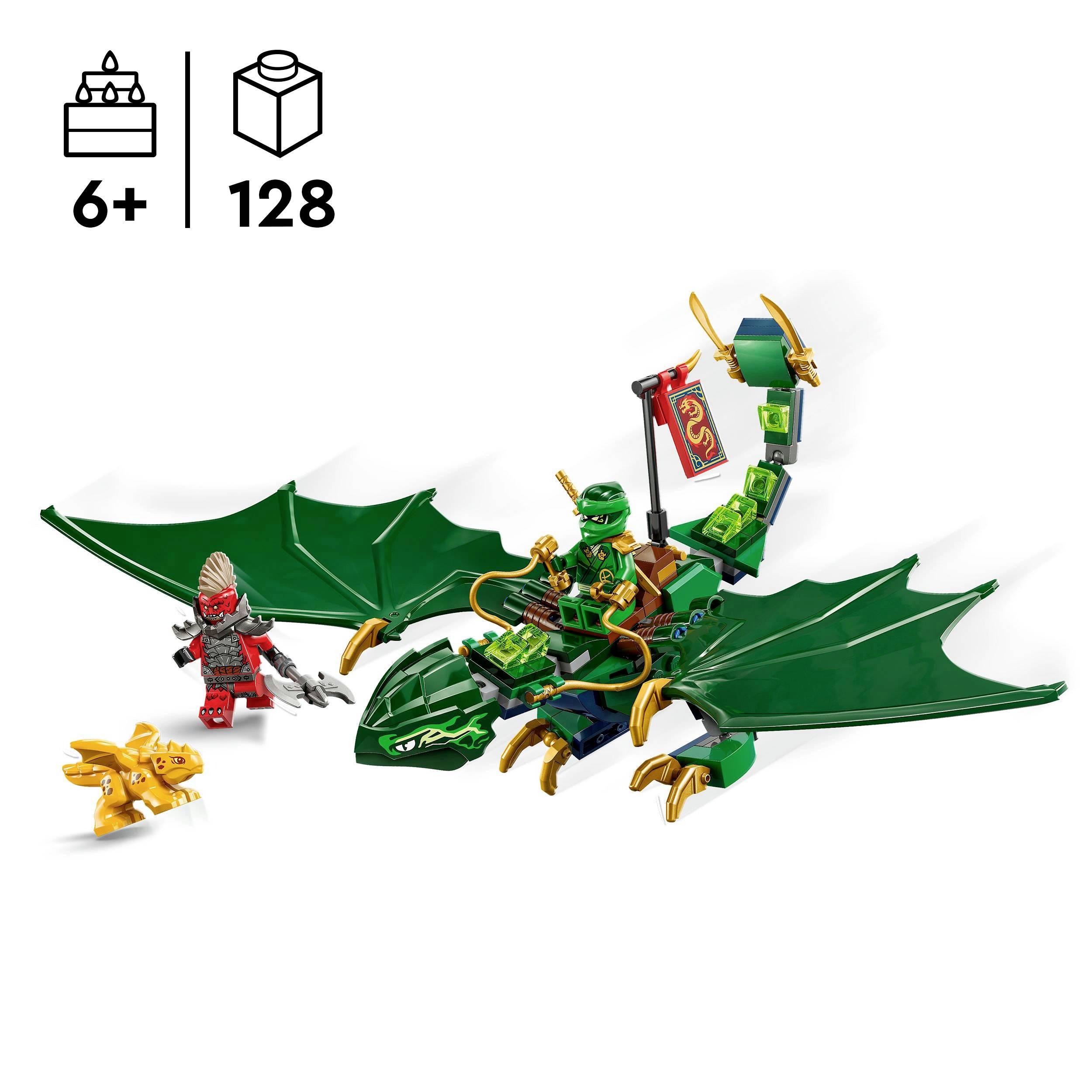 Set LEGO avec un dragon vert, une figurine verte avec un drapeau, un guerrier rouge et une petite figurine dorée. À partir de 6 ans. 128 pièces.