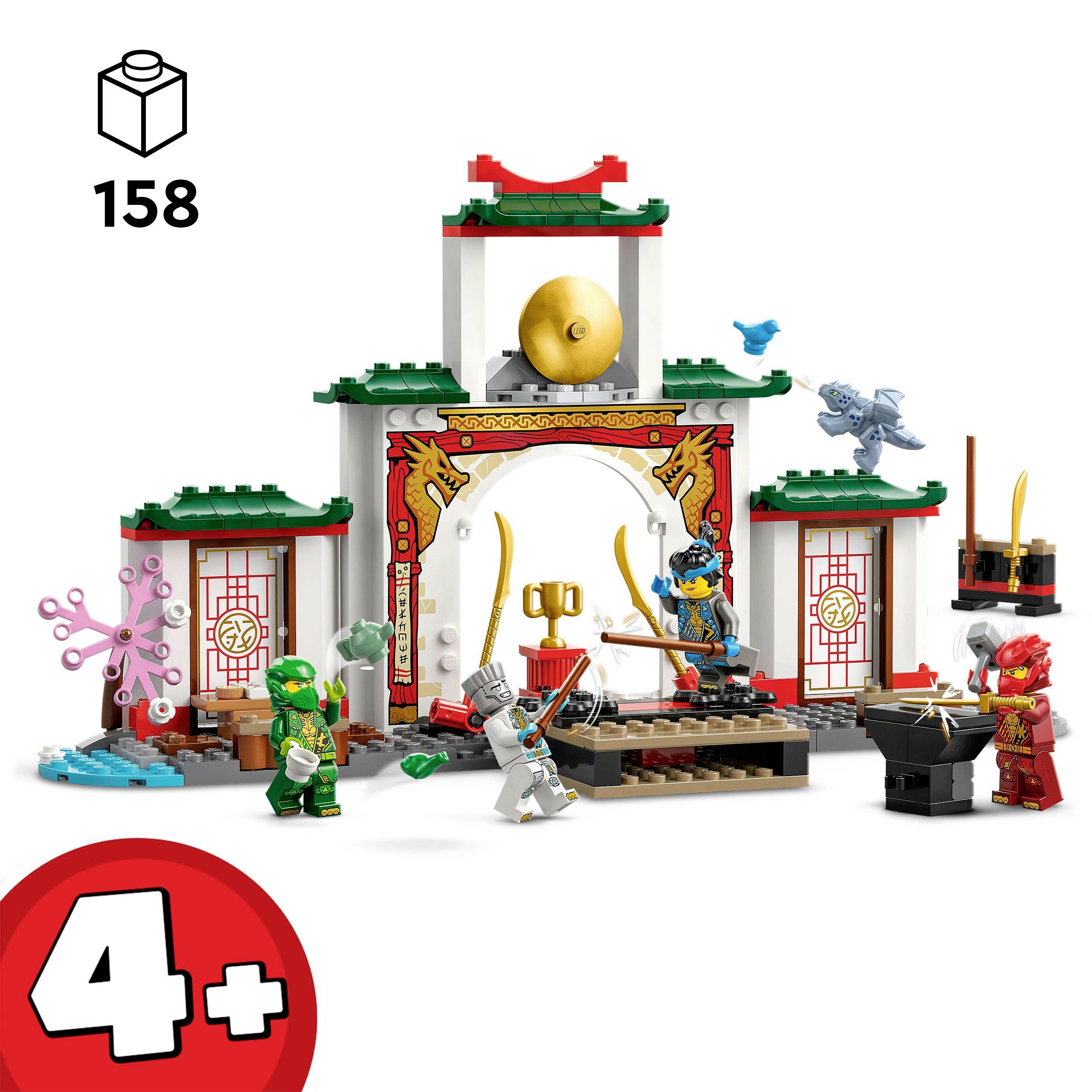 Ensemble Lego avec un temple inspiré de l'Asie et quatre mini-figurines en positions de combat. Convient aux enfants à partir de 4 ans.