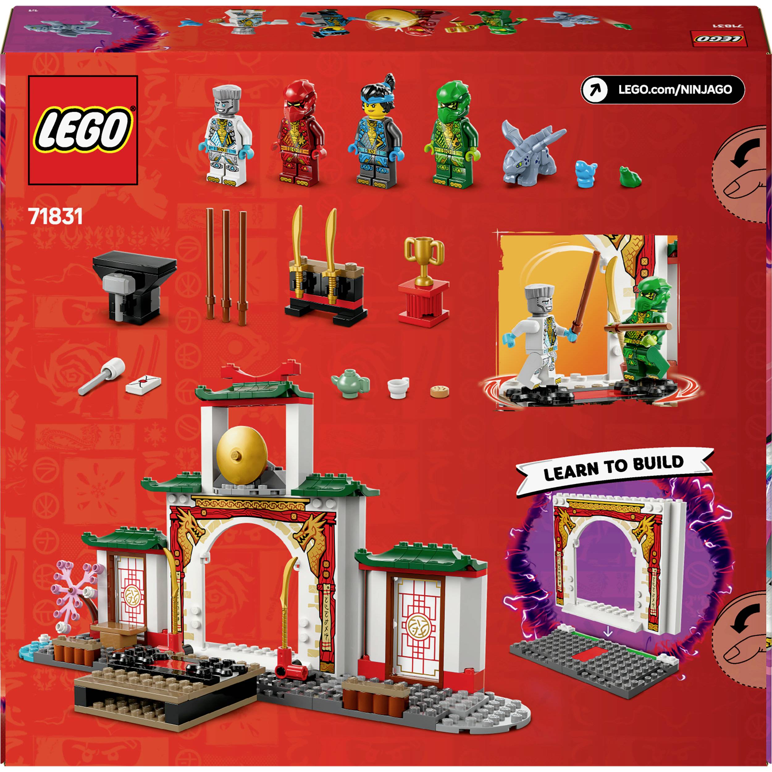 Ensemble LEGO Ninjago 71831 ; présente des figurines, des accessoires, une architecture de porte colorée et l'indication 'LEARN TO BUILD'.