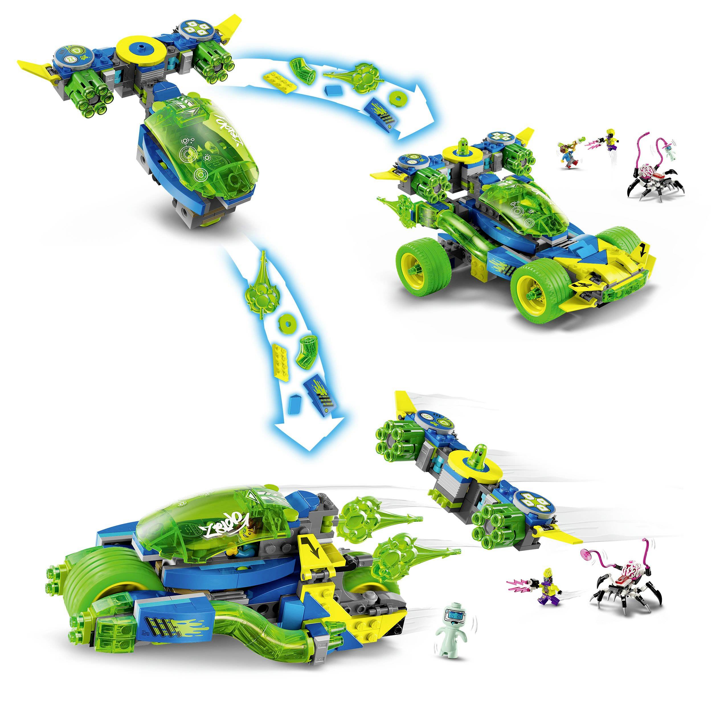 Un ensemble de jouets avec un véhicule transformable en bleu et vert, qui peut être converti en avion ou en voiture, comprenant des figurines.