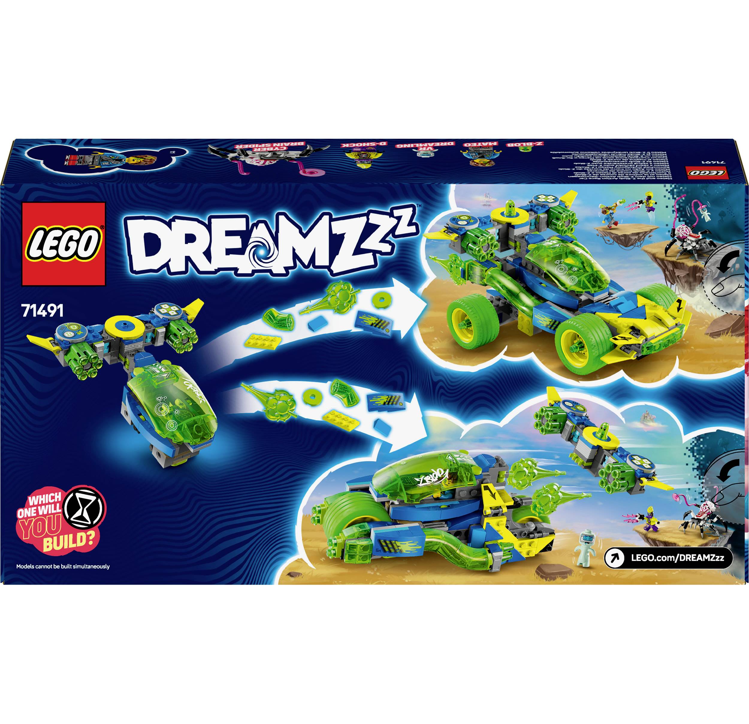 Le coffret LEGO DREAMZzz 71491 présente un véhicule transformable et des figurines dans un environnement imaginatif et coloré.