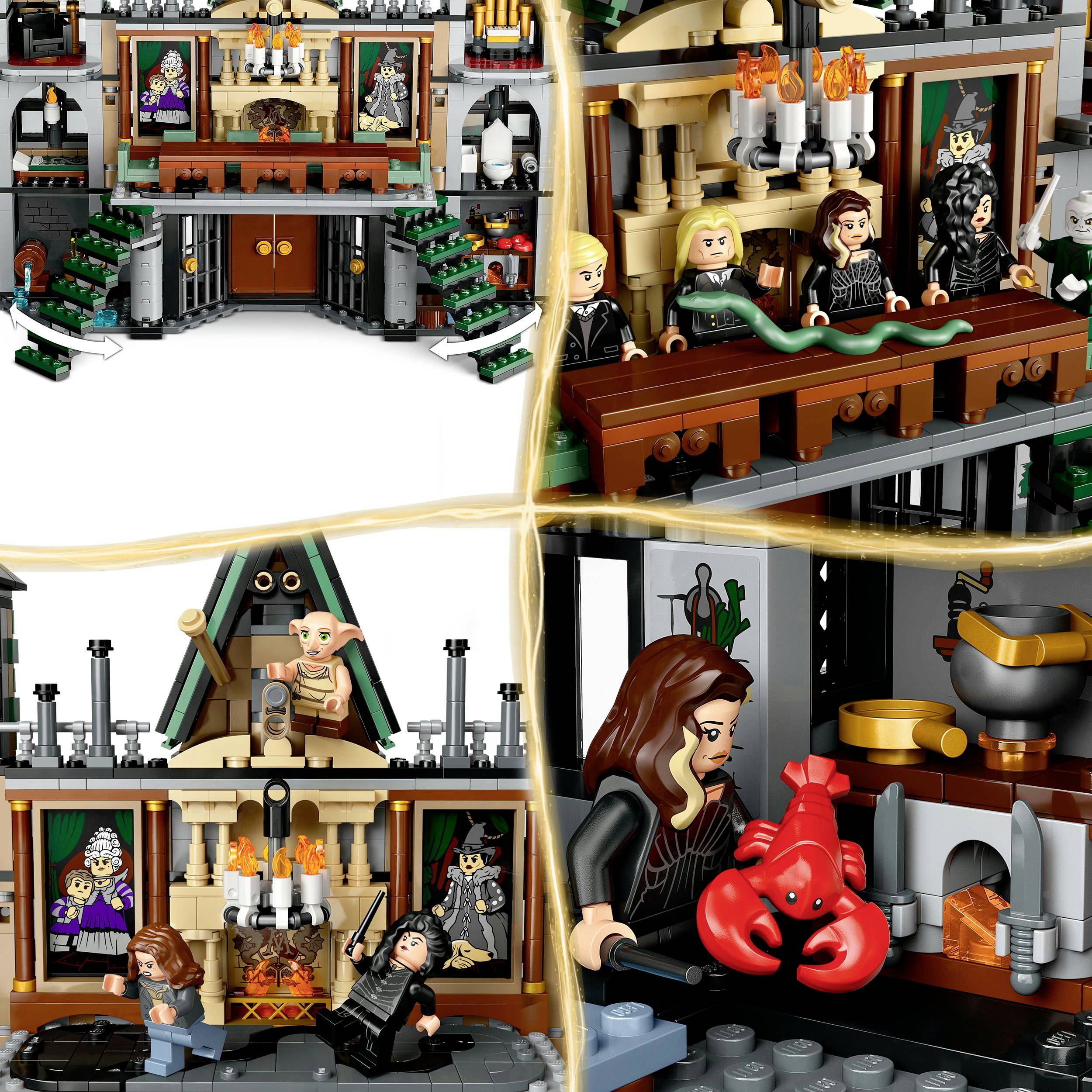 Quatre sections d'un paysage de jeu LEGO montrent une table de fête avec des personnages, un espace magique avec un elfe et des personnages portant des accessoires de magie.