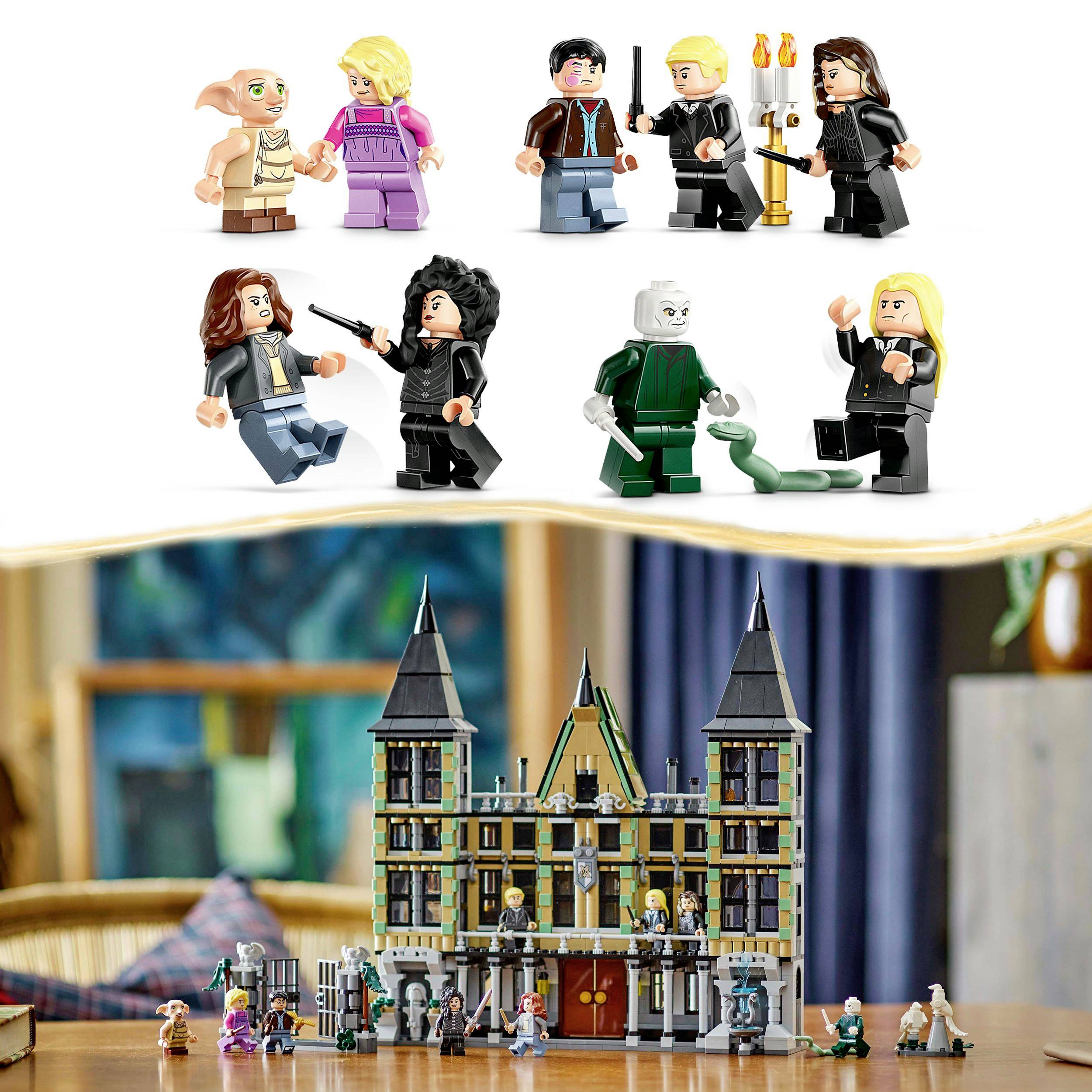 Des figurines Lego représentent des personnages d'une histoire magique. En arrière-plan, on peut voir un modèle détaillé d'un château.