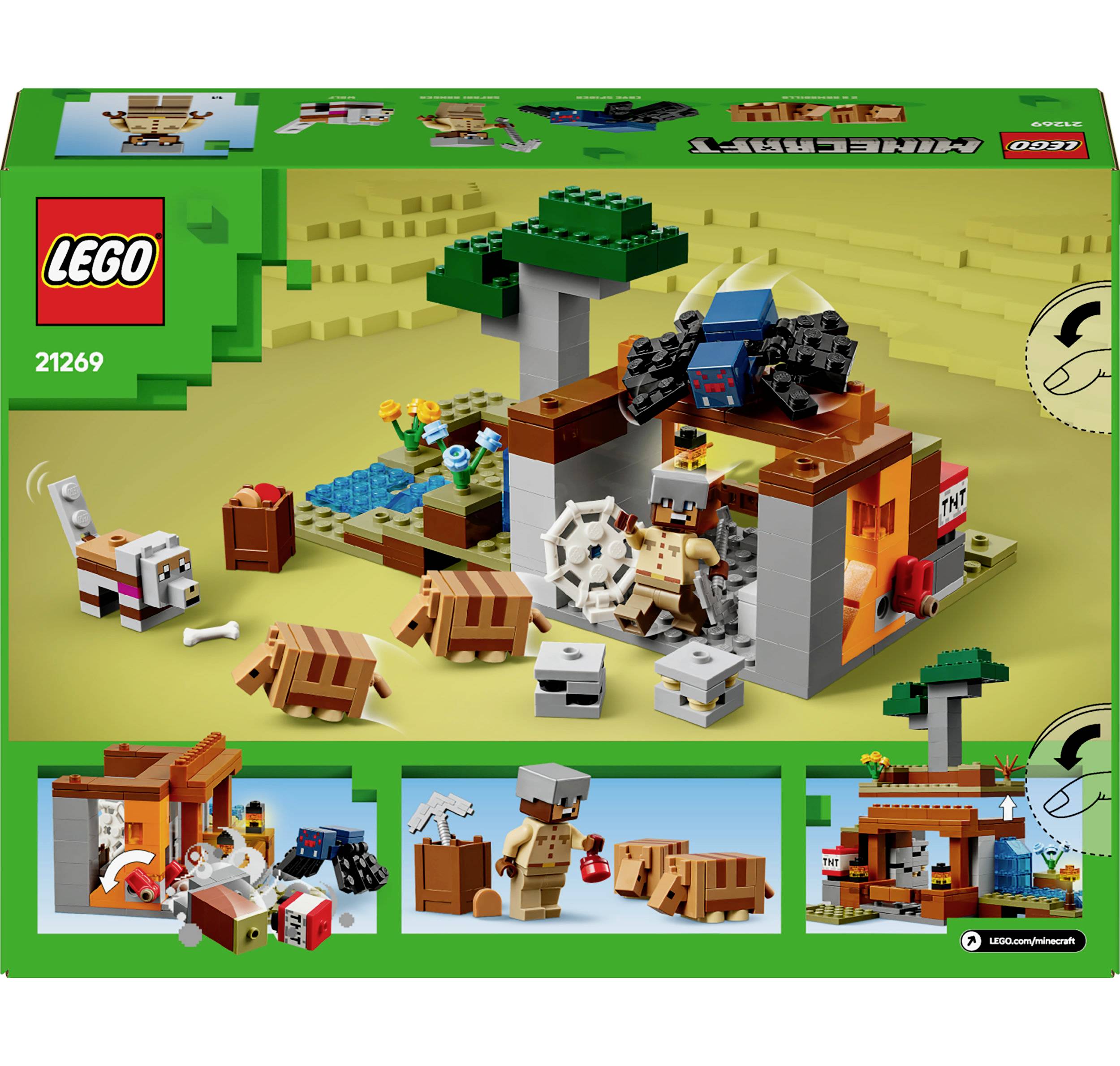 Ensemble LEGO Minecraft : Comprend différents animaux, personnages et une grotte avec des arbres. Couleurs principales : Marron, Vert et Gris.