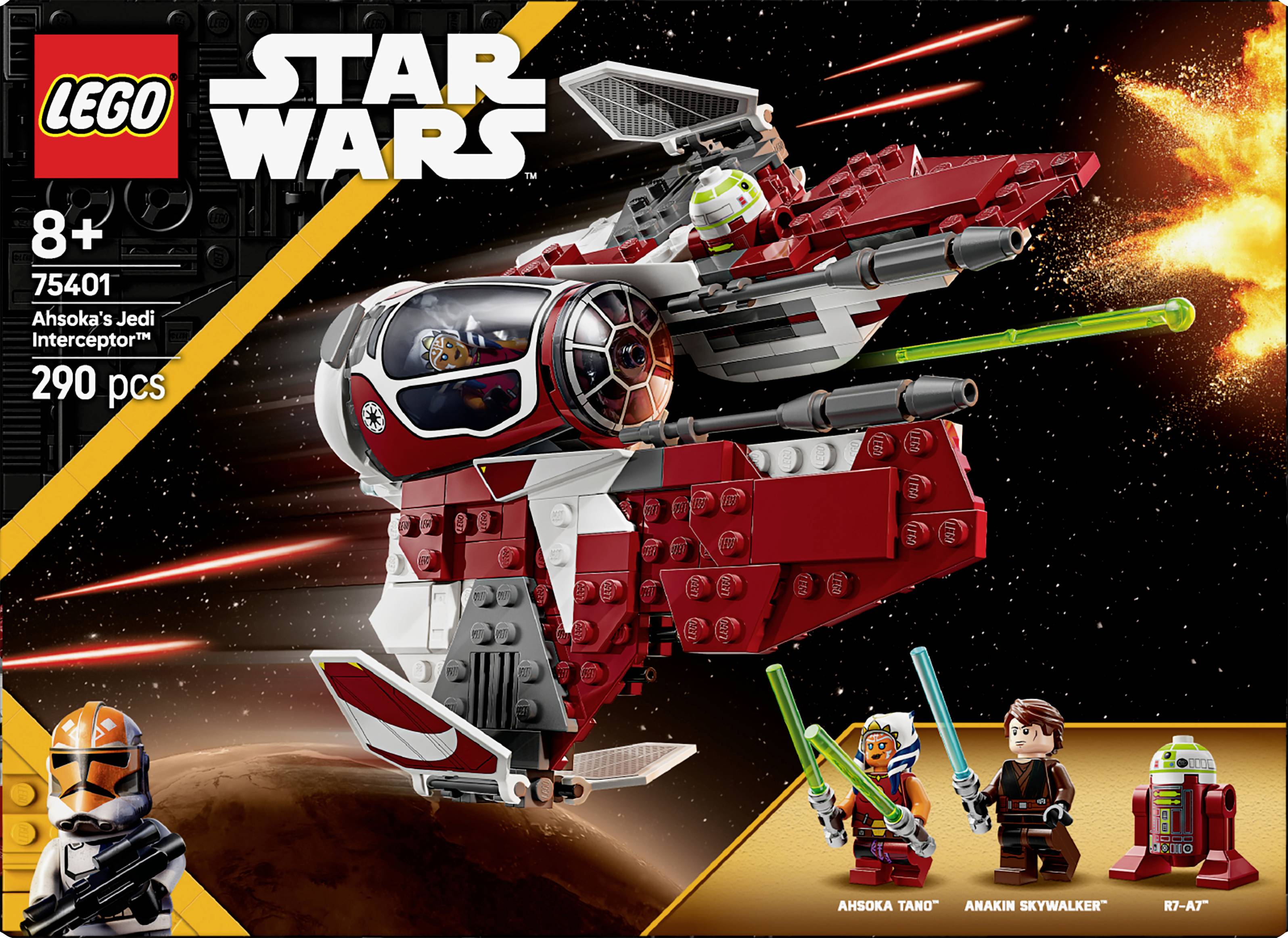 Ensemble Lego Star Wars pour enfants à partir de 8 ans : 'Intercepteur Jedi d'Ahsoka Tano' avec 290 pièces, comprenant les figurines d'Ahsoka Tano et d'Anakin Skywalker.