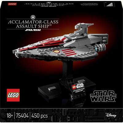 Vaisseau d'assaut de classe Acclamator LEGO de la série Star Wars, 18+, numéro de set 75404, 450 pièces. Modèle sur support noir.