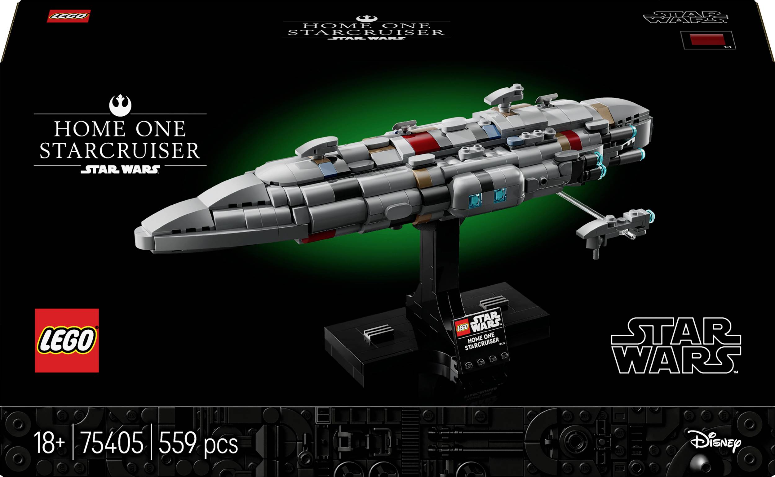 Ensemble Lego du 'Home One Starcruiser' de Star Wars. Comprend 559 pièces. L'emballage présente le modèle terminé sur un support.