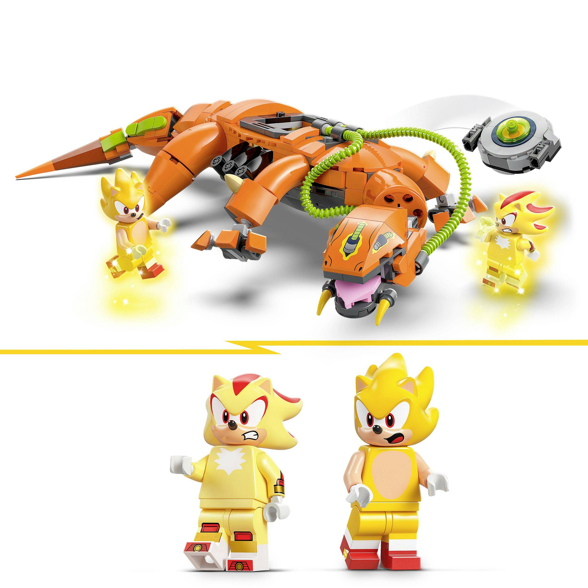 Trois petites figurines Lego jaunes en costumes d'animaux se tiennent devant un grand robot Lego orange. Une des figurines tient un câble vert.