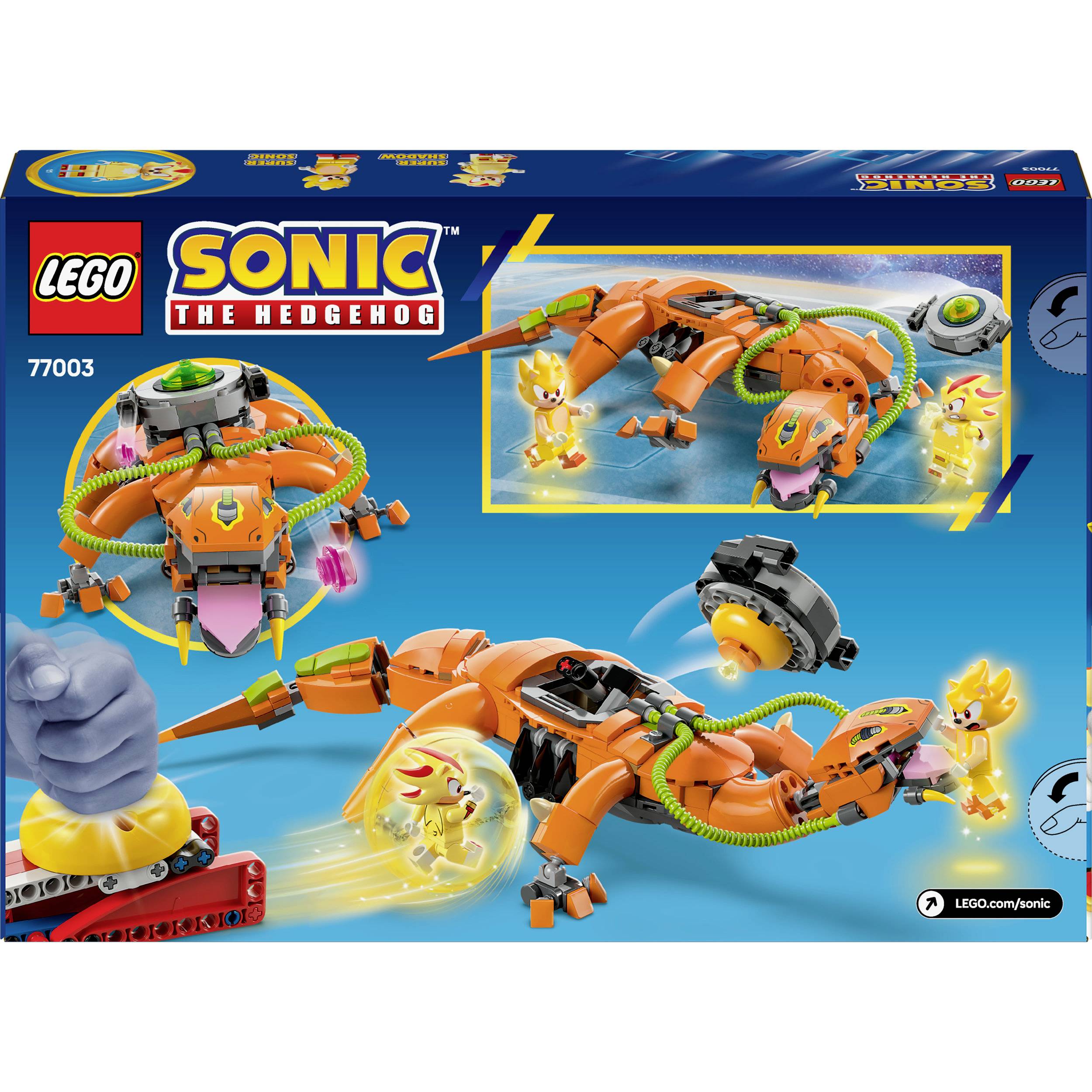 Ensemble LEGO Sonic the Hedgehog avec un mech orange et des figurines. La scène montre Dr. Eggman dans un robot affrontant Sonic et ses amis.